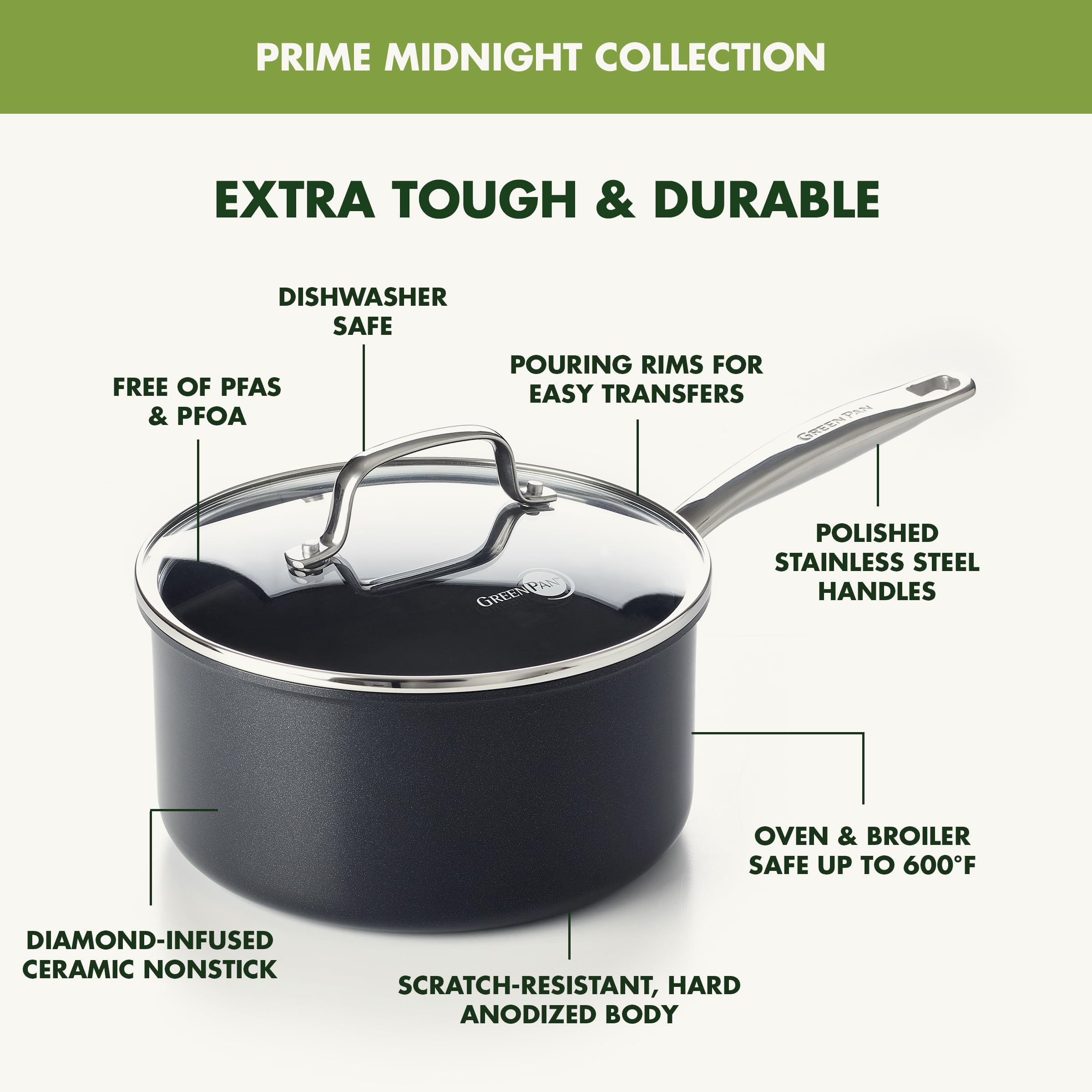 GreenPan Prime Chatham 1QT & 2QT Saucepan Set – Hard Anodized, Diamond-Infused Ceramic Nonstick, PFAS-Free