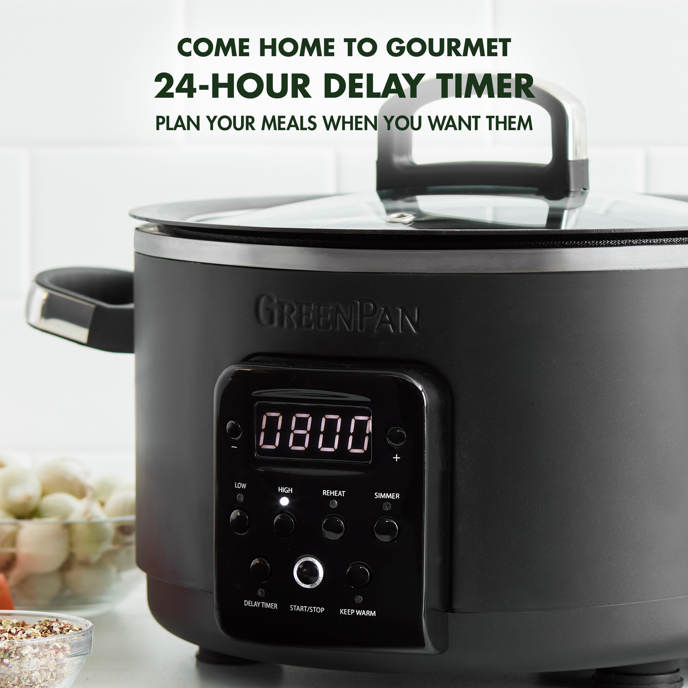 GreenPan Bistro Noir 6-in-1 4QT Electric Slow Cooker with Glass Lid – Black