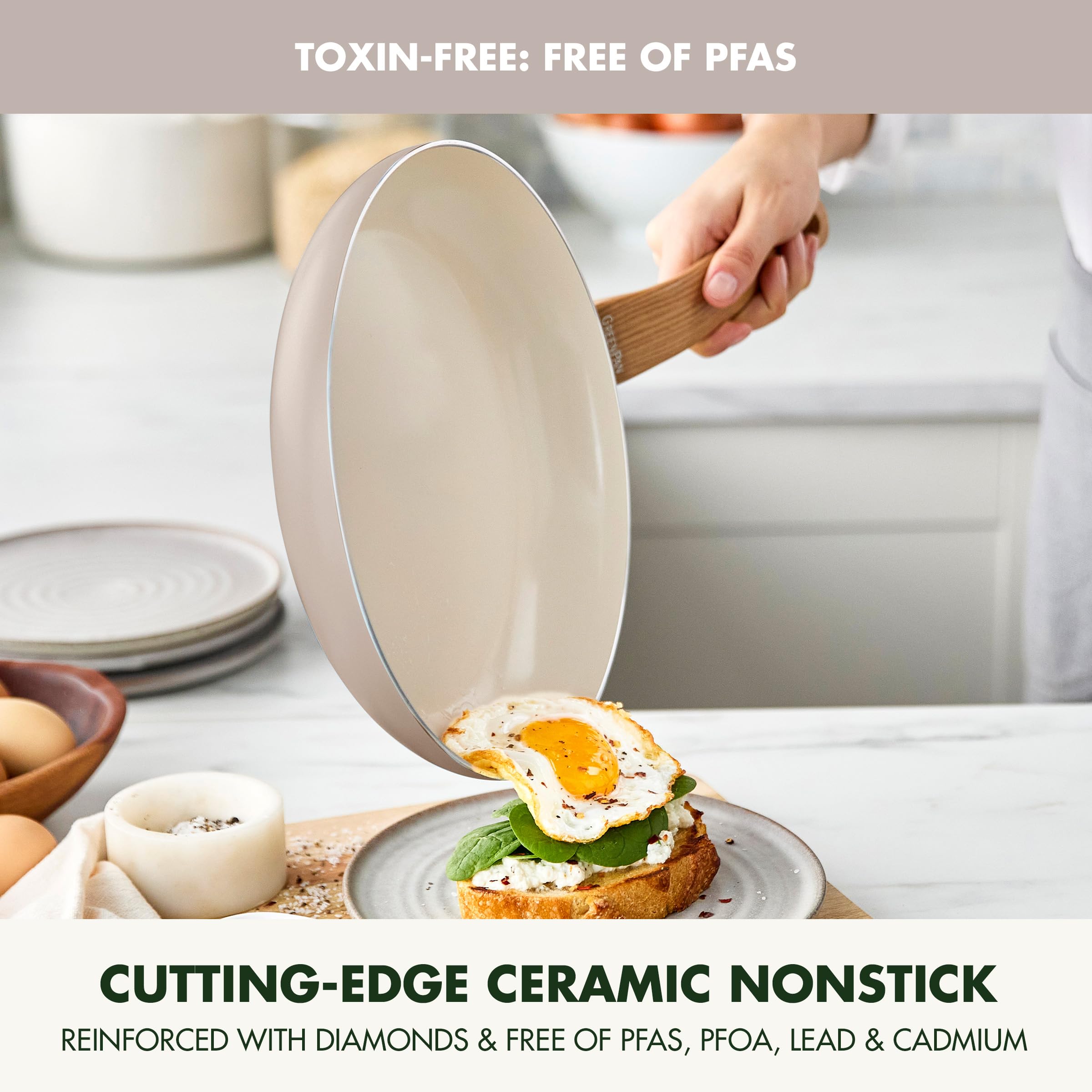 GreenPan Rio Essence Wood 10-Piece Cookware Set — Ceramic Nonstick, Induction, Silicone-Rim Lids, Wood-Print Handles, Taupe