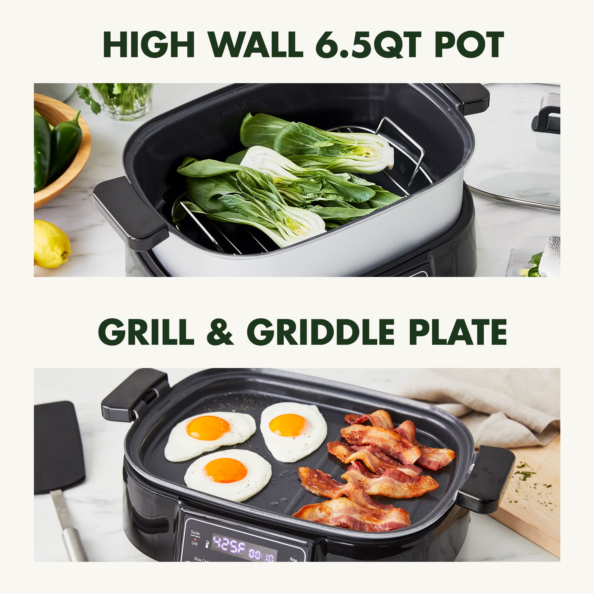GreenPan Stainless Steel 8-in-1 Electric Skillet Grill & Slow Cooker – Ceramic Nonstick, 6.5QT