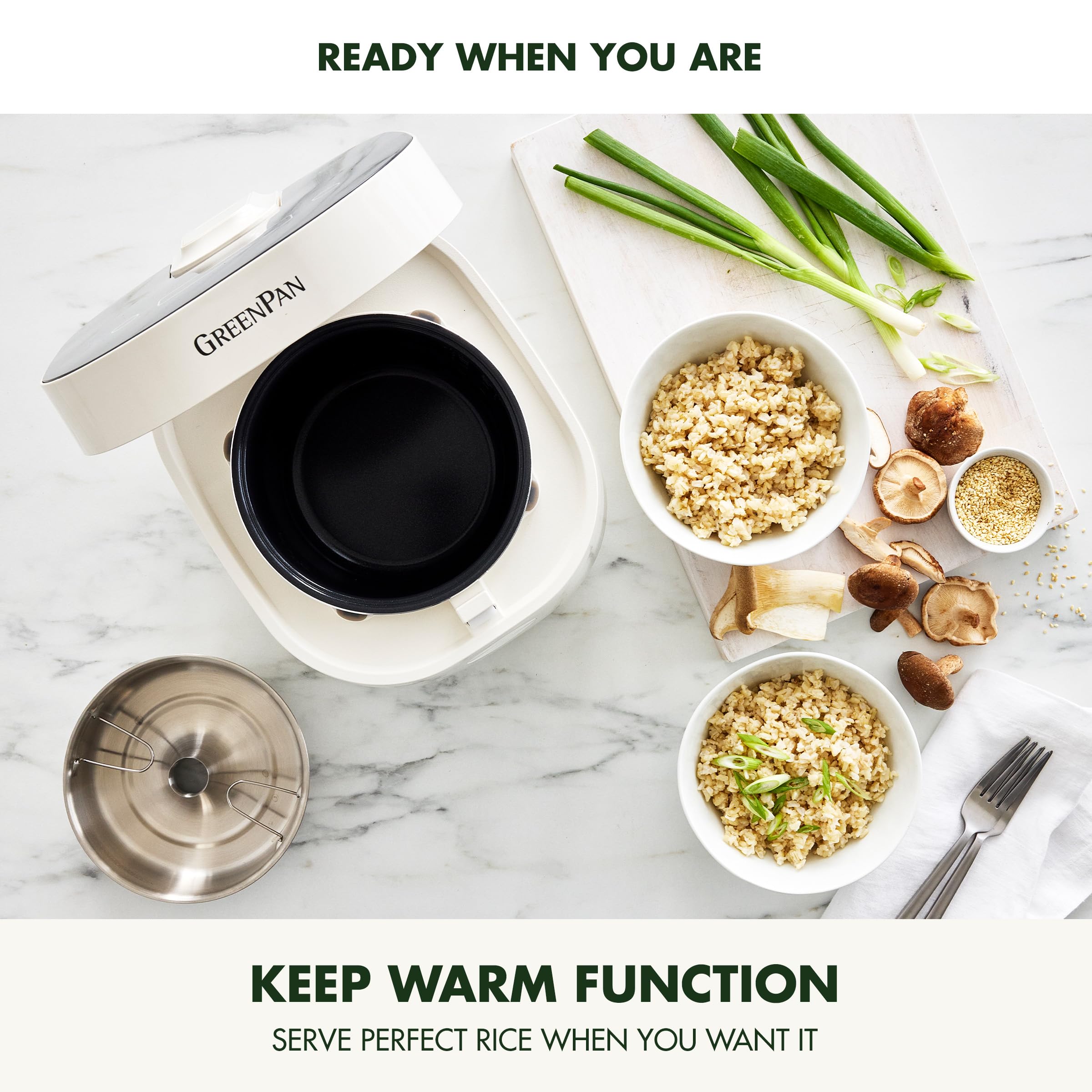 GreenPan Rice Cooker, 8 Cups Cooked (4 Uncooked) with Low-Carb & Soup Mode, Cream