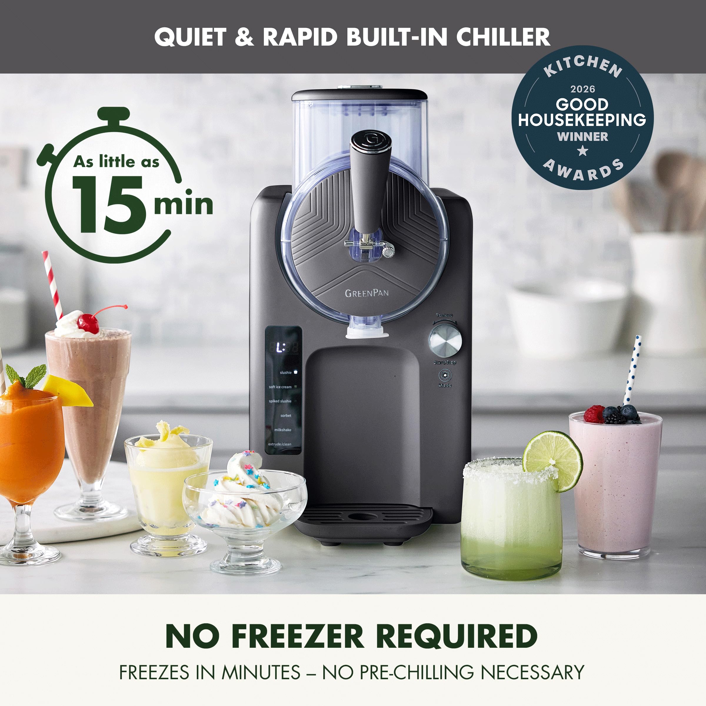 GreenPan Frost Ice Cream Maker & Slushie Machine – Self-Cleaning, 15-in-1, Family Size, Gray