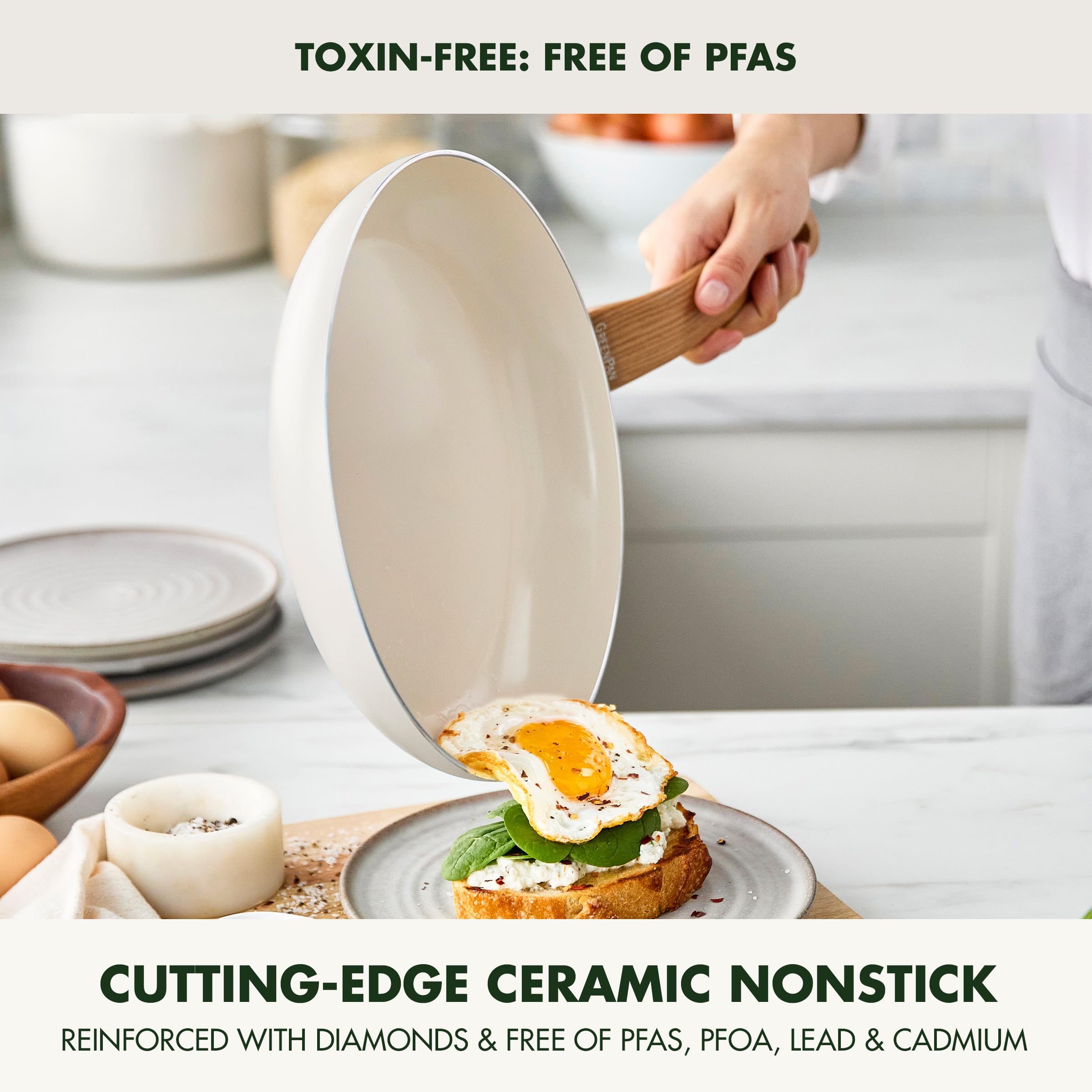 GreenPan Rio Essence Wood 10-Piece Ceramic Nonstick Cookware Set, White with Wood-Print Handles