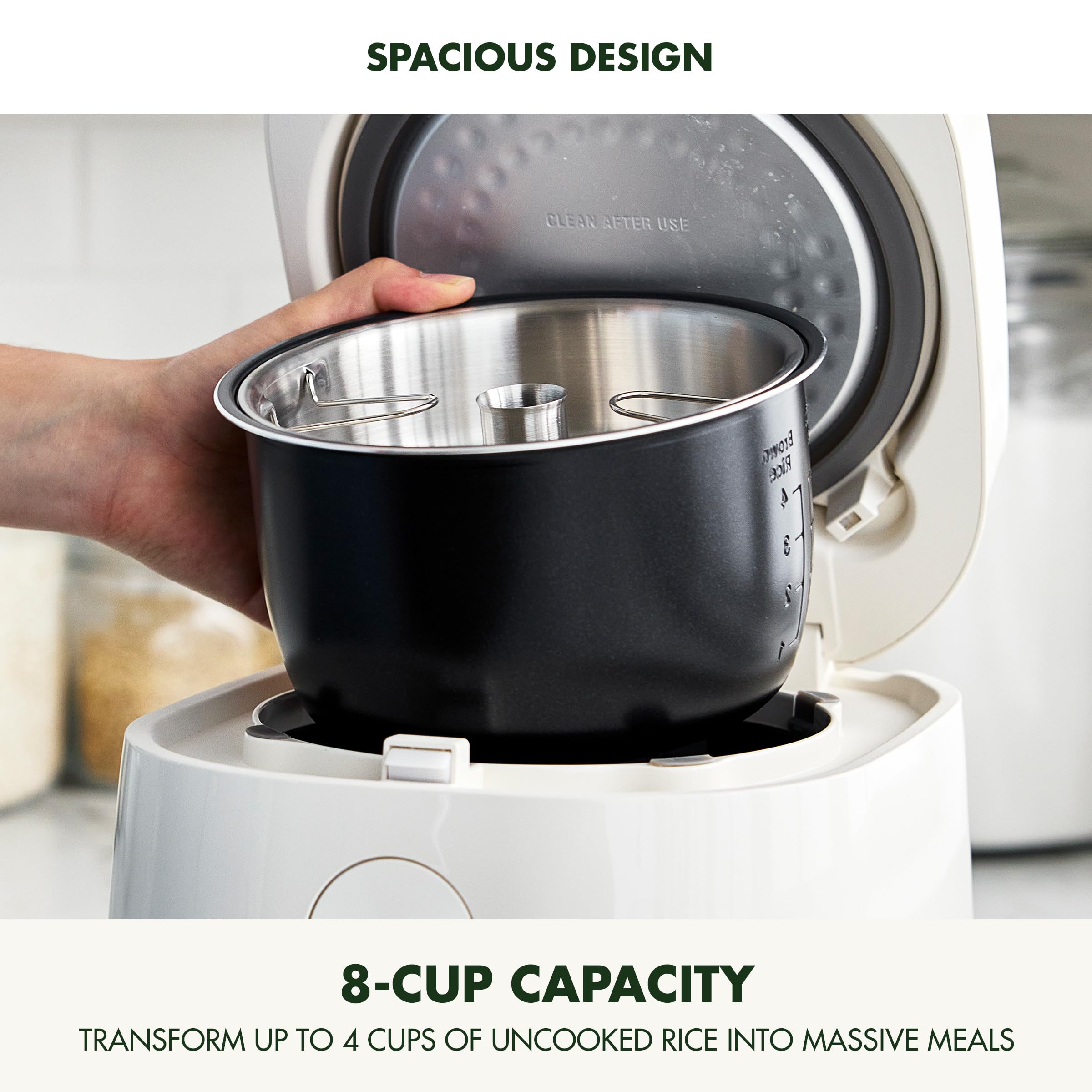 GreenPan Rice Cooker, 8 Cups Cooked (4 Uncooked) with Low-Carb & Soup Mode, Cream