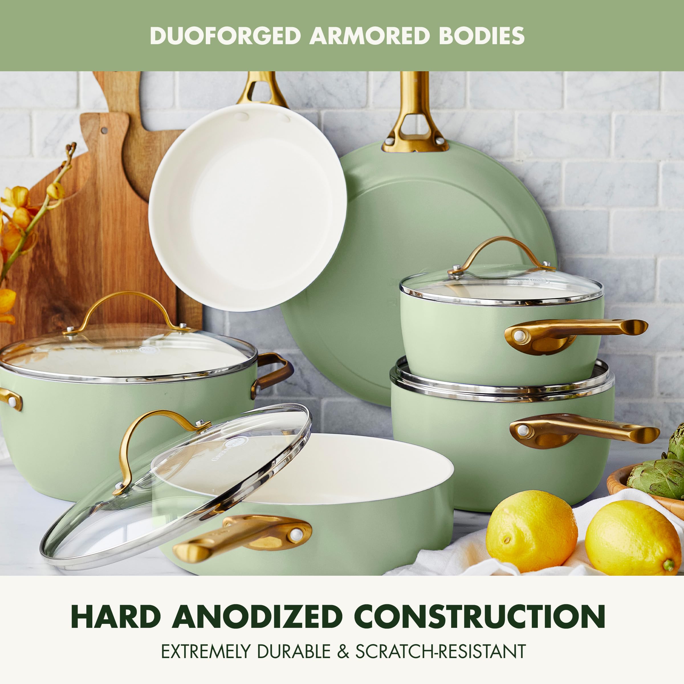 GreenPan Reserve Duoforged Hard Anodized 10-Piece Ceramic Nonstick Cookware Set with Gold-Tone Handles, Sage Green