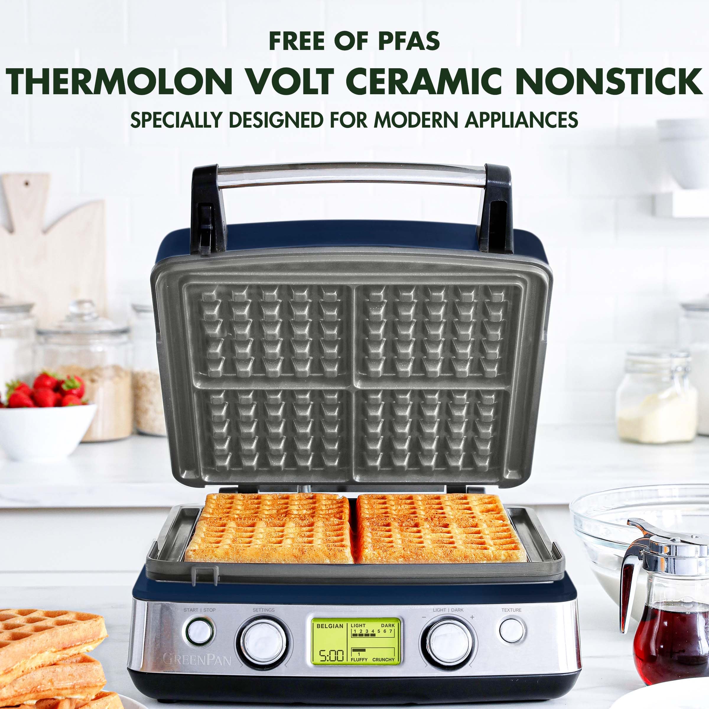 GreenPan Elite 4-Square Waffle Maker – Belgian & Classic, Adjustable Crunch Control, White