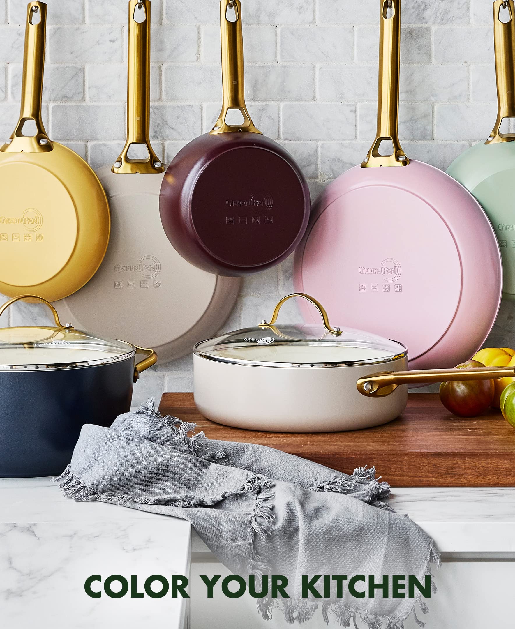 GreenPan Reserve Hard Anodized 8" & 11" Fry Pan Set – Diamond-Infused Ceramic Nonstick, Gold Handles, Merlot Red