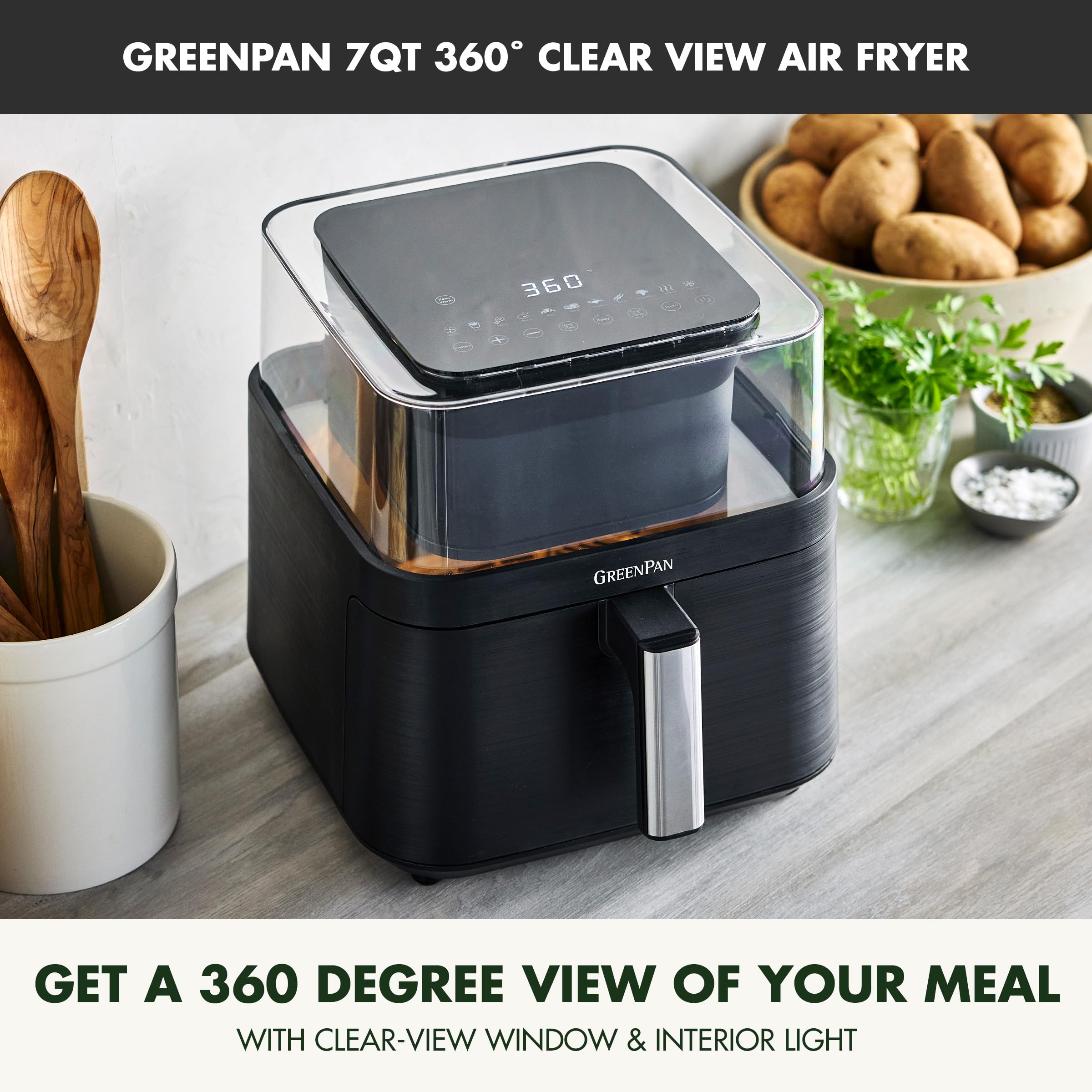 GreenPan Clearview Extra Large 7QT Air Fryer with 360° Clear Window and 13 Presets