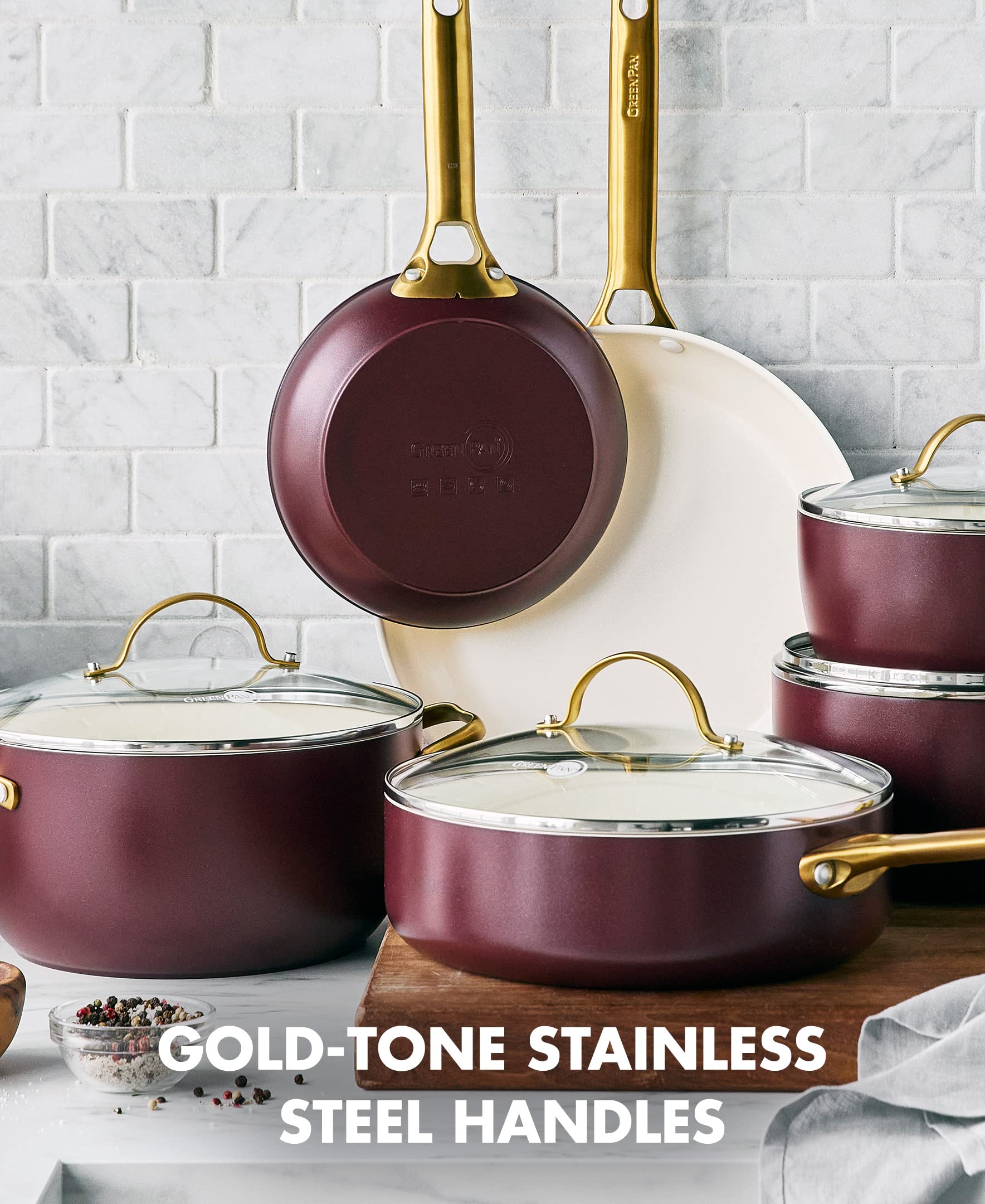 GreenPan Reserve Hard Anodized 8" & 11" Fry Pan Set – Diamond-Infused Ceramic Nonstick, Gold Handles, Merlot Red