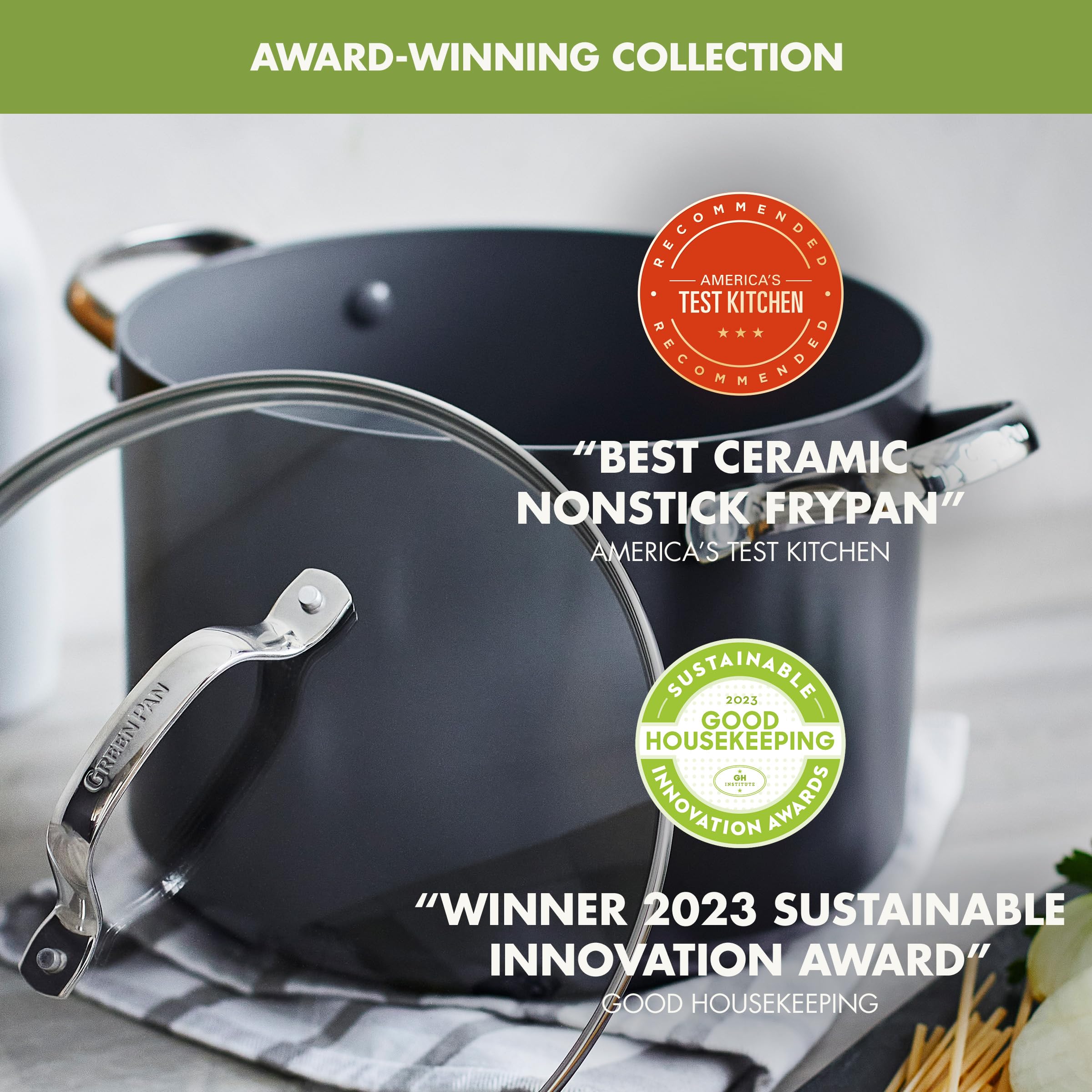 GreenPan Valencia Pro 8QT Stock Pot with Lid – Hard Anodized, Ceramic Nonstick, Induction Ready, Gray