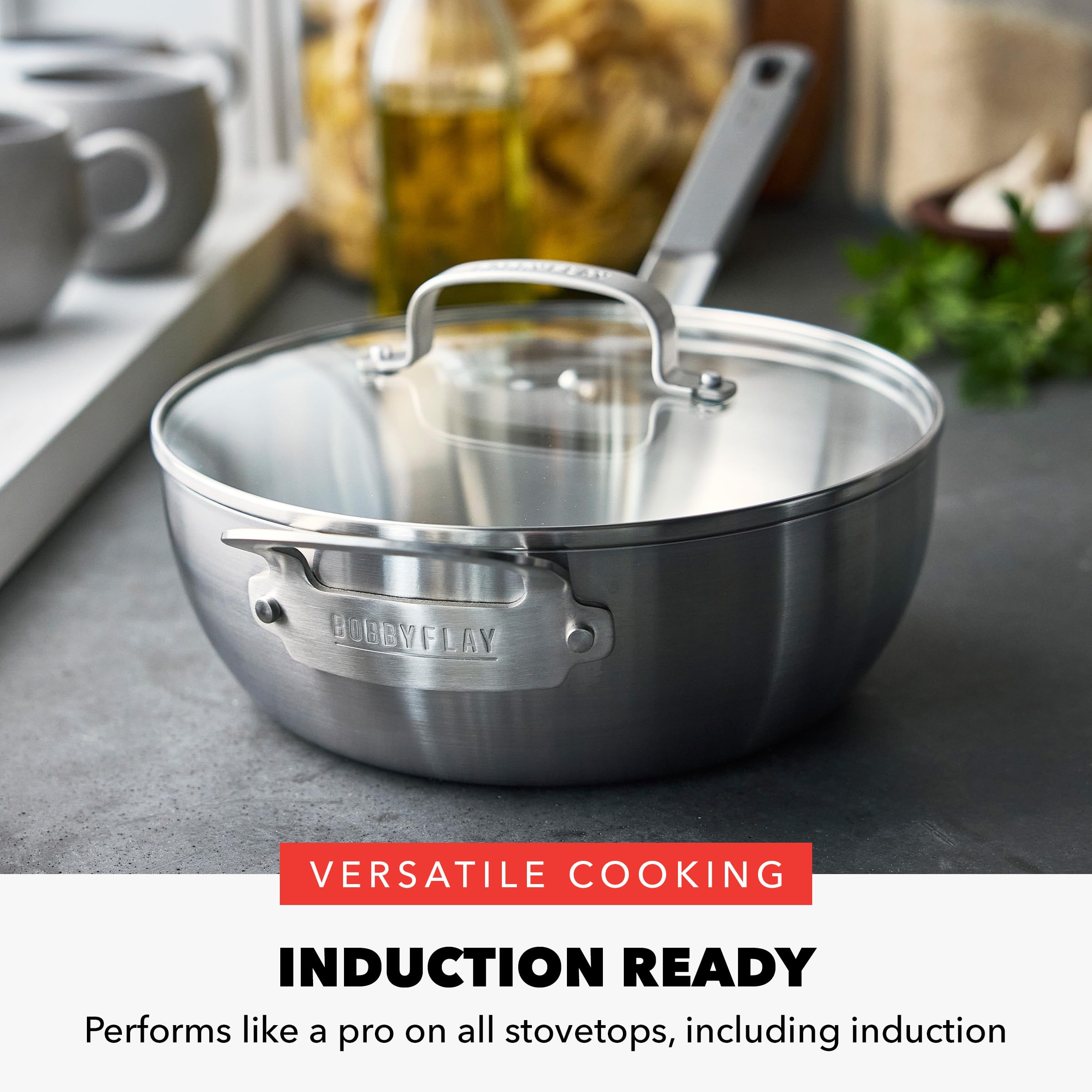 GreenPan x Bobby Flay Stainless Steel 3.75QT Saucepan with Glass Lid — Professional Tri-Ply Chef's Pan, Induction Ready, Oven Safe, Stay-Cool Handle