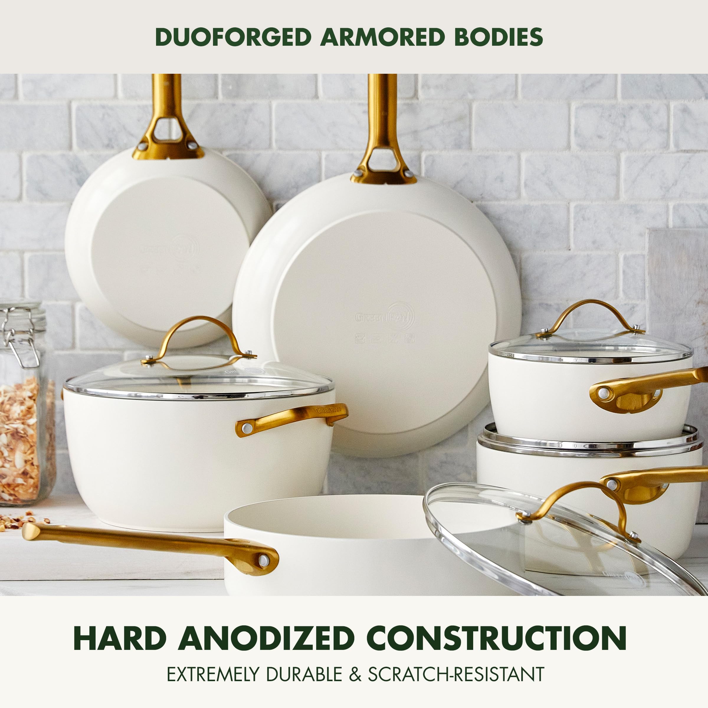 GreenPan Reserve Duoforged Hard Anodized 10-Piece Ceramic Nonstick Cookware Set with Gold-Tone Handles, Cream White