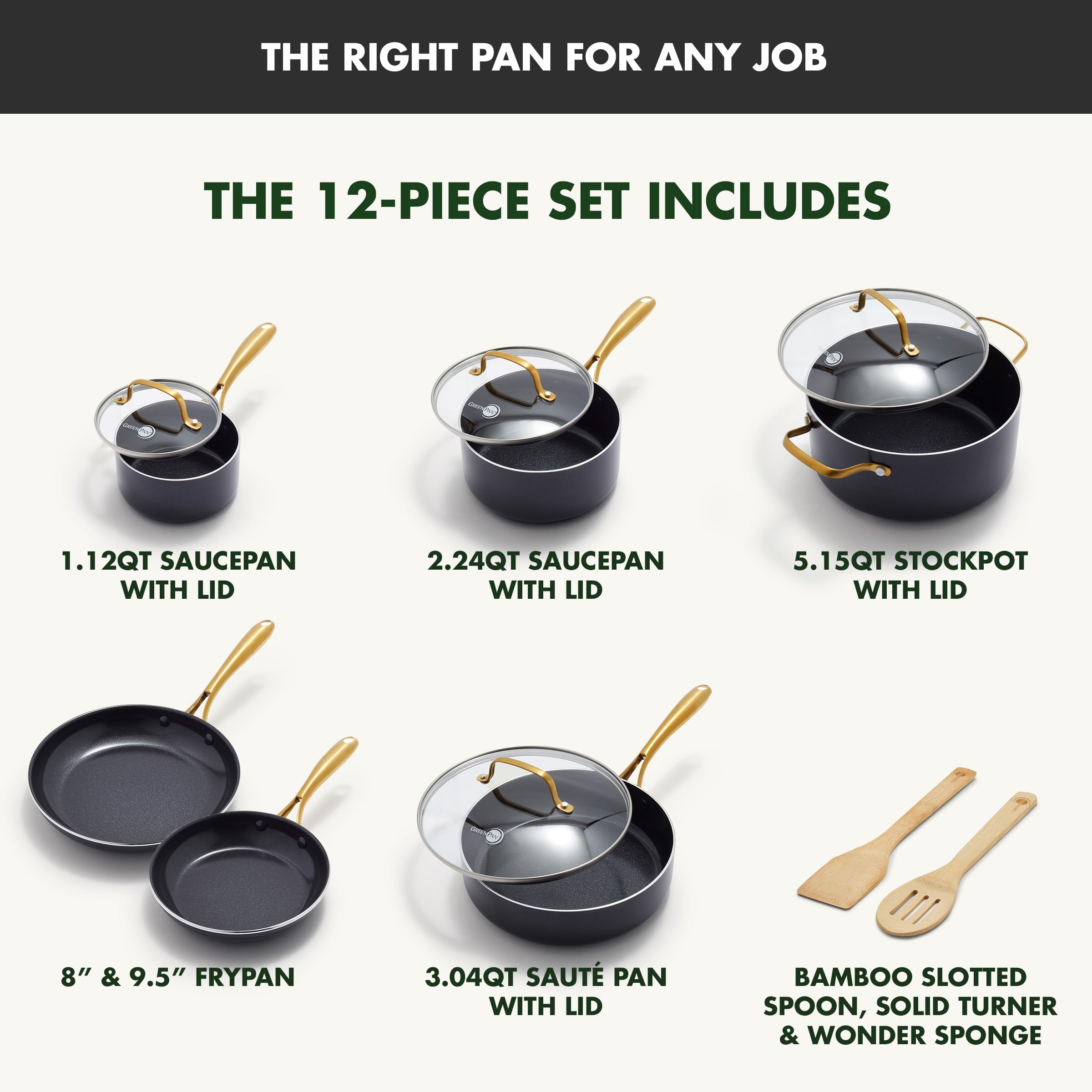 GreenPan Swift 12-Piece Nonstick Ceramic Cookware Set — Black & Gold