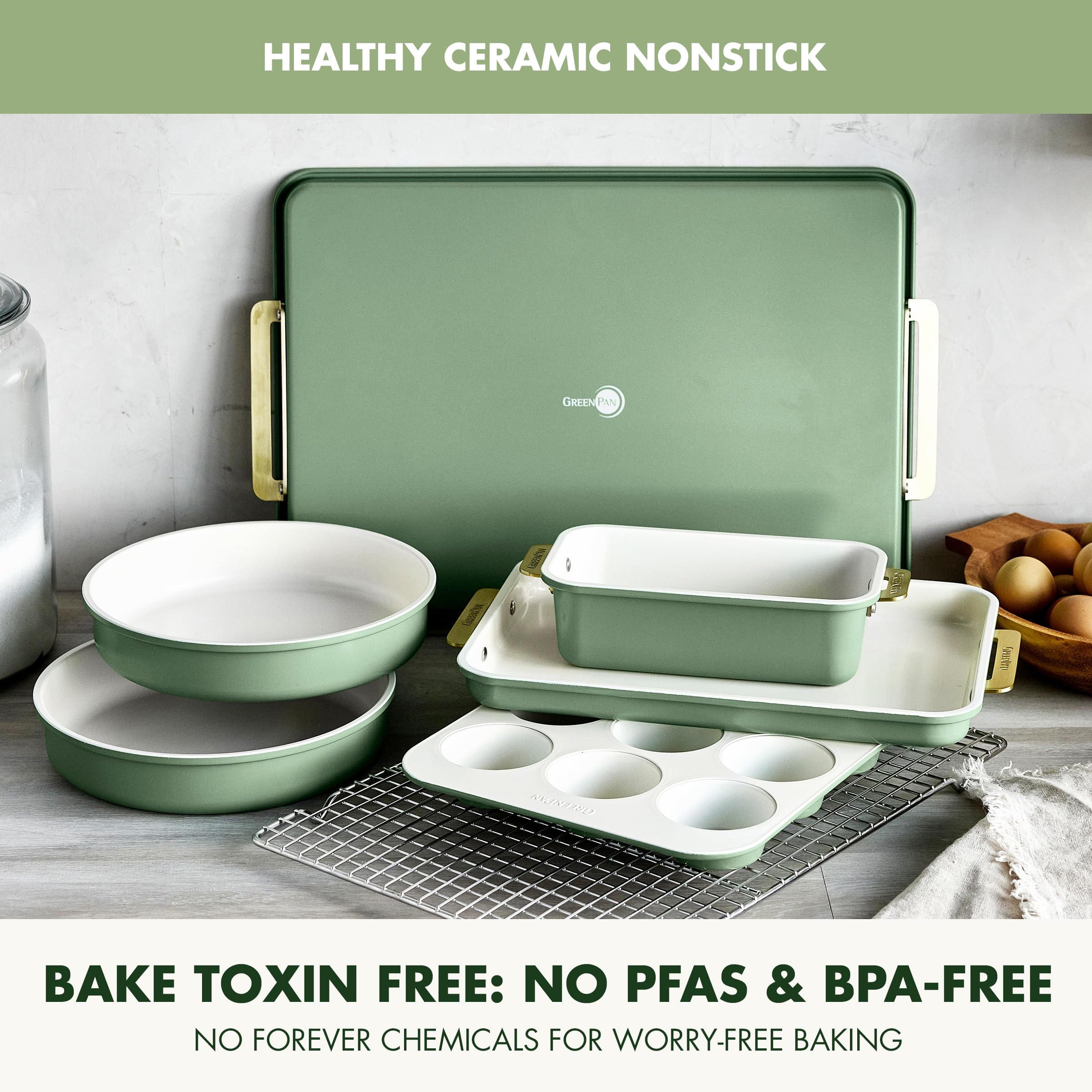 GreenPan Bakeware Set, 7-Piece Nonstick Ceramic with Gold Handles, Sage Green