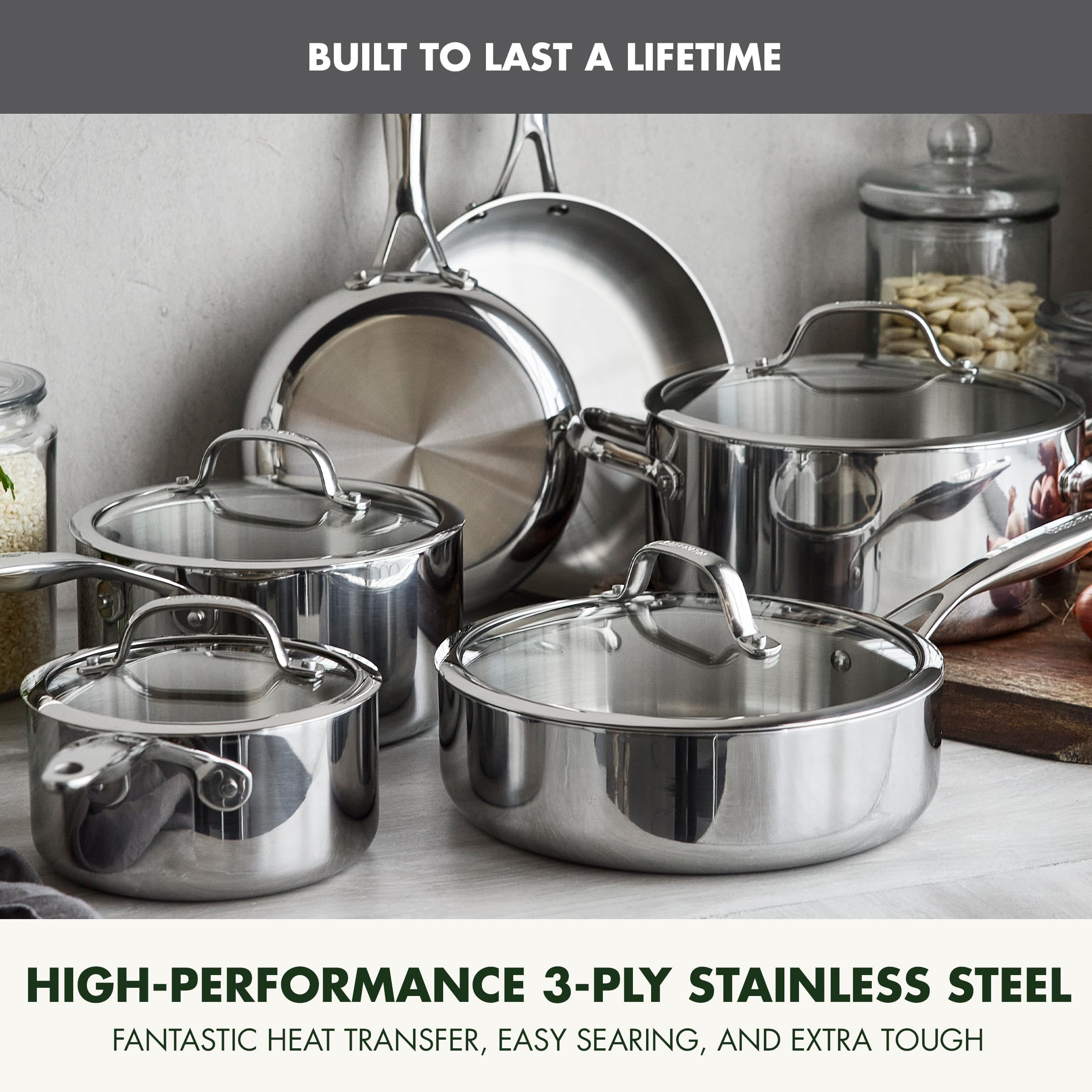 GreenPan Valencia Pro Tri-Ply Stainless Steel 10-Piece Cookware Set