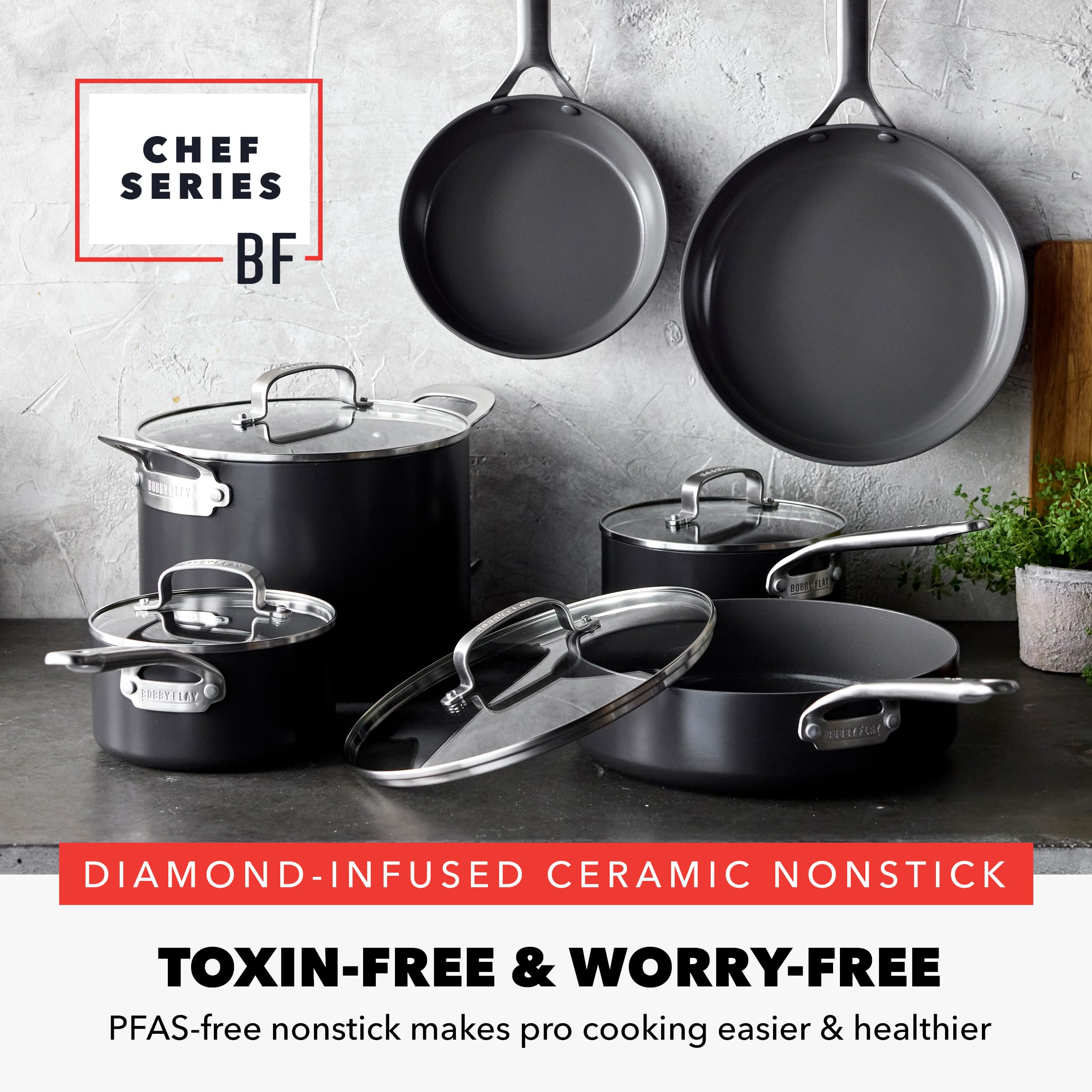 GreenPan x Bobby Flay Hard Anodized Nonstick 10-Piece Cookware Set – PFAS-Free, Induction Suitable, Black