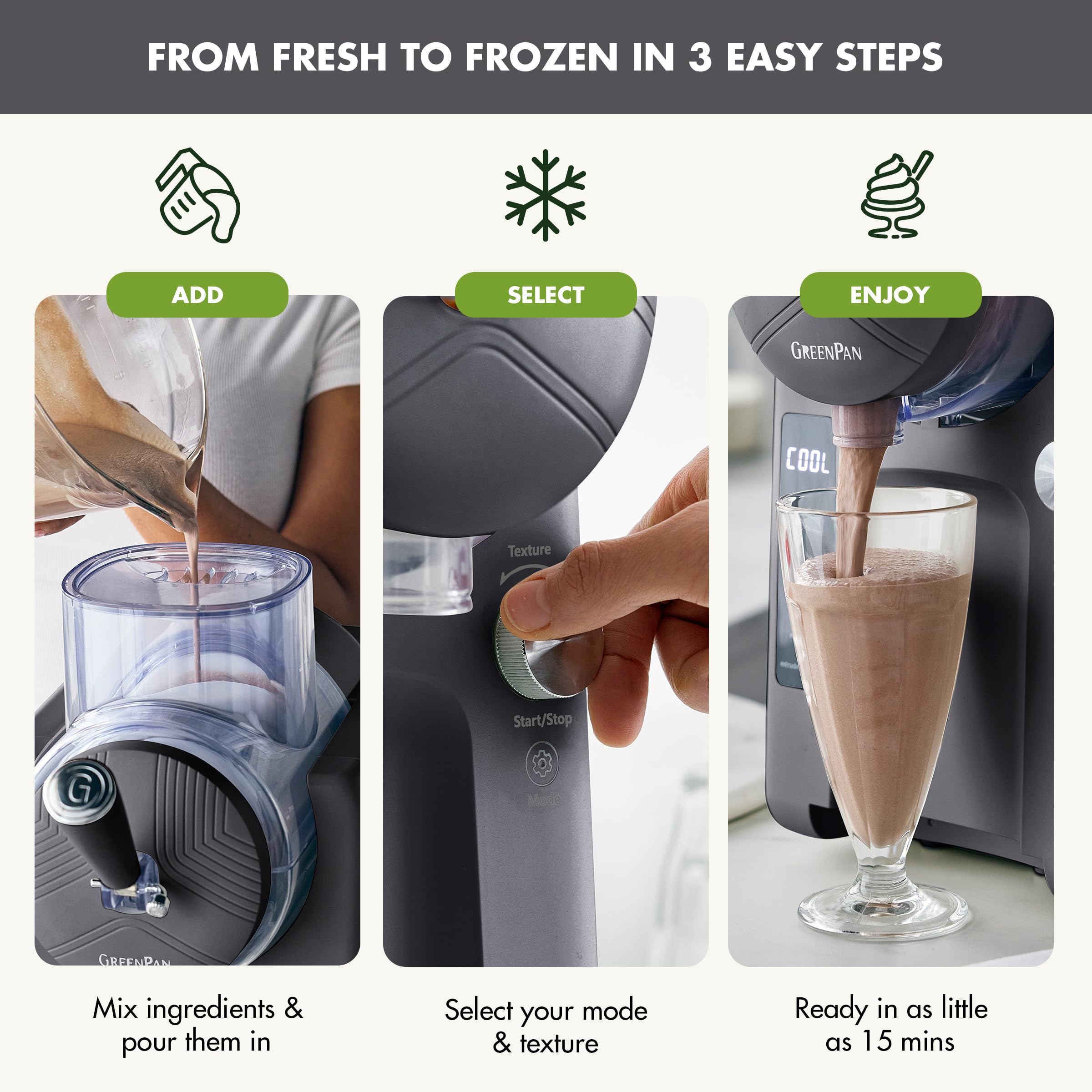 GreenPan Frost Ice Cream Maker & Slushie Machine – Self-Cleaning, 15-in-1, Family Size, Gray