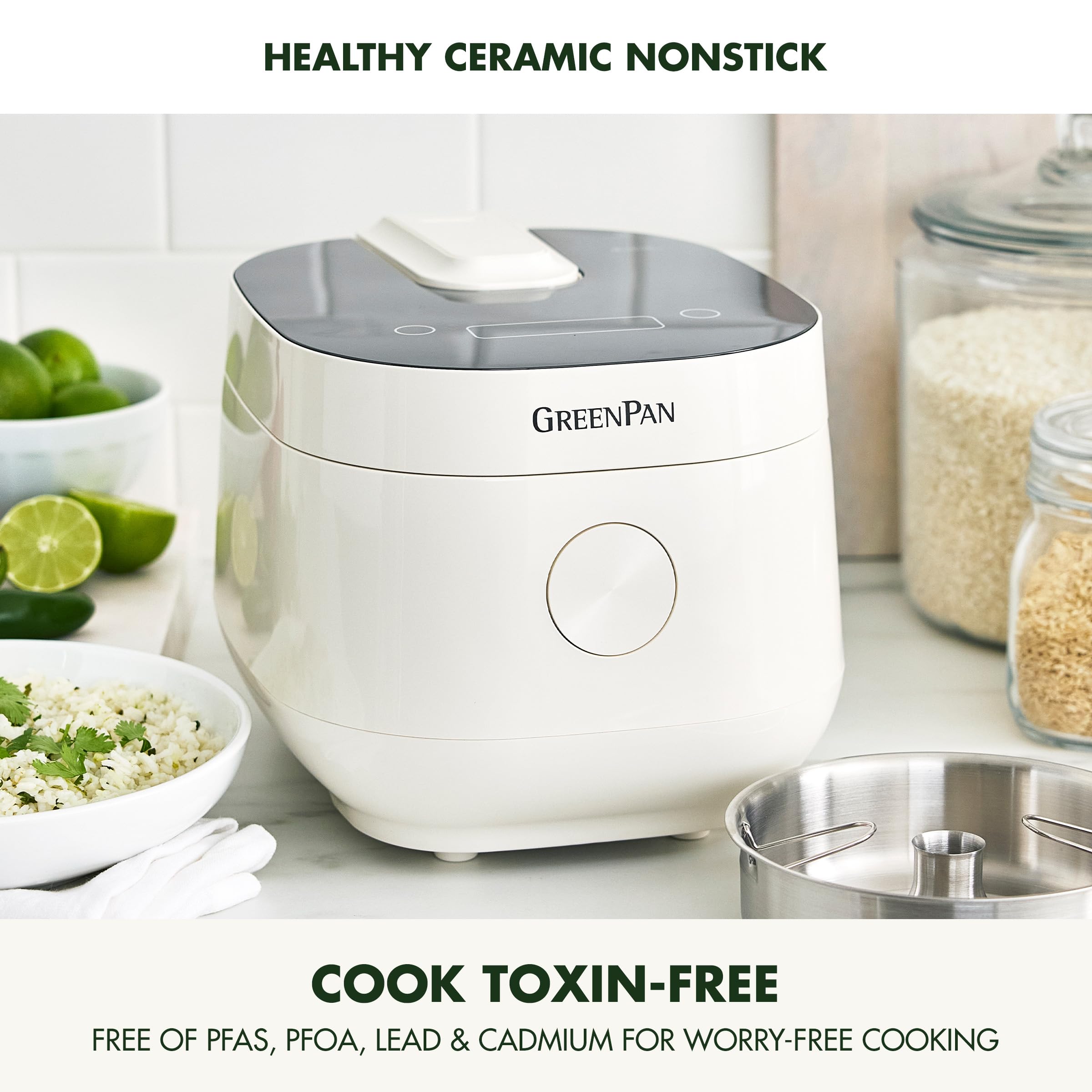 GreenPan Rice Cooker, 8 Cups Cooked (4 Uncooked) with Low-Carb & Soup Mode, Cream