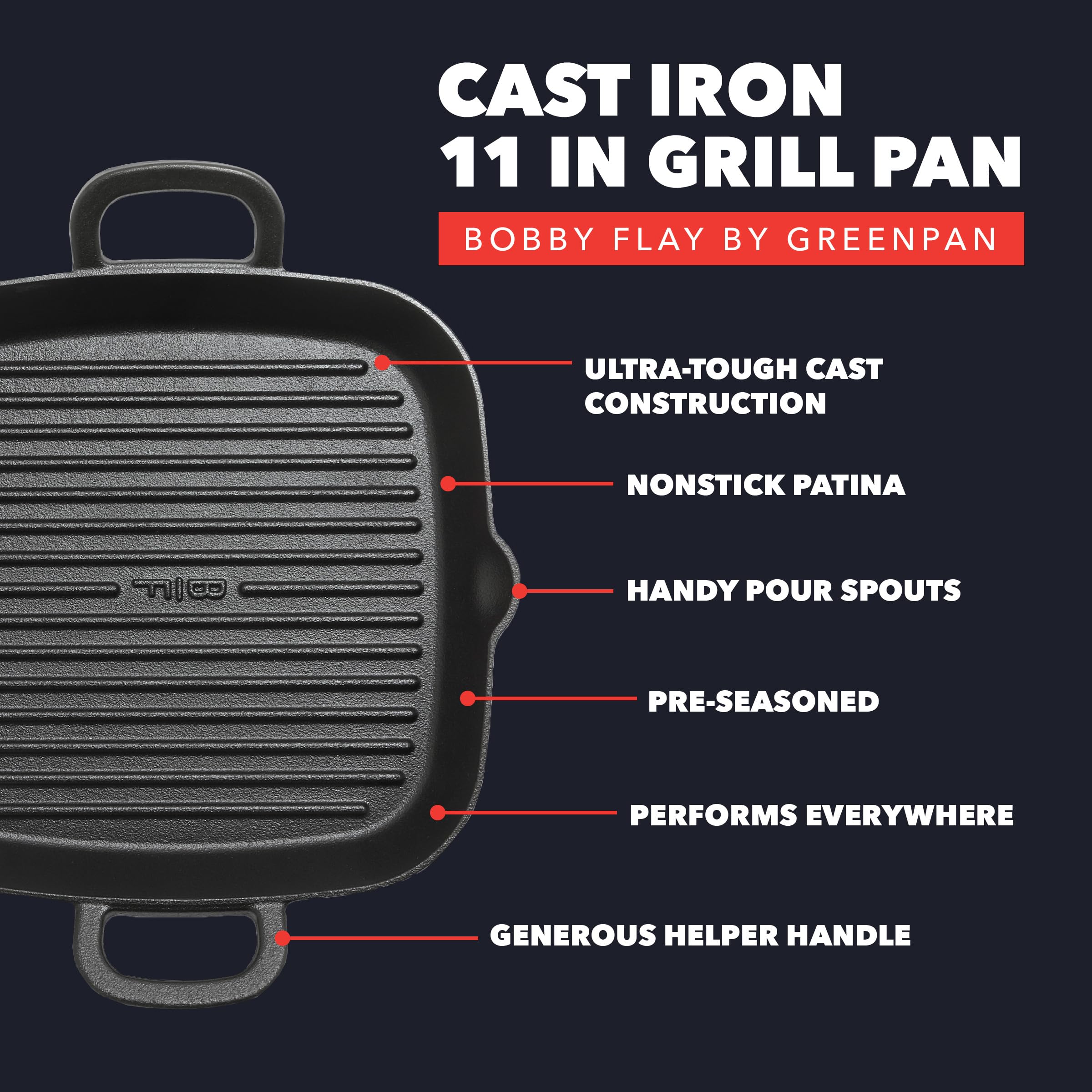 GreenPan x Bobby Flay Cast Iron 11-Inch Square Grill Pan