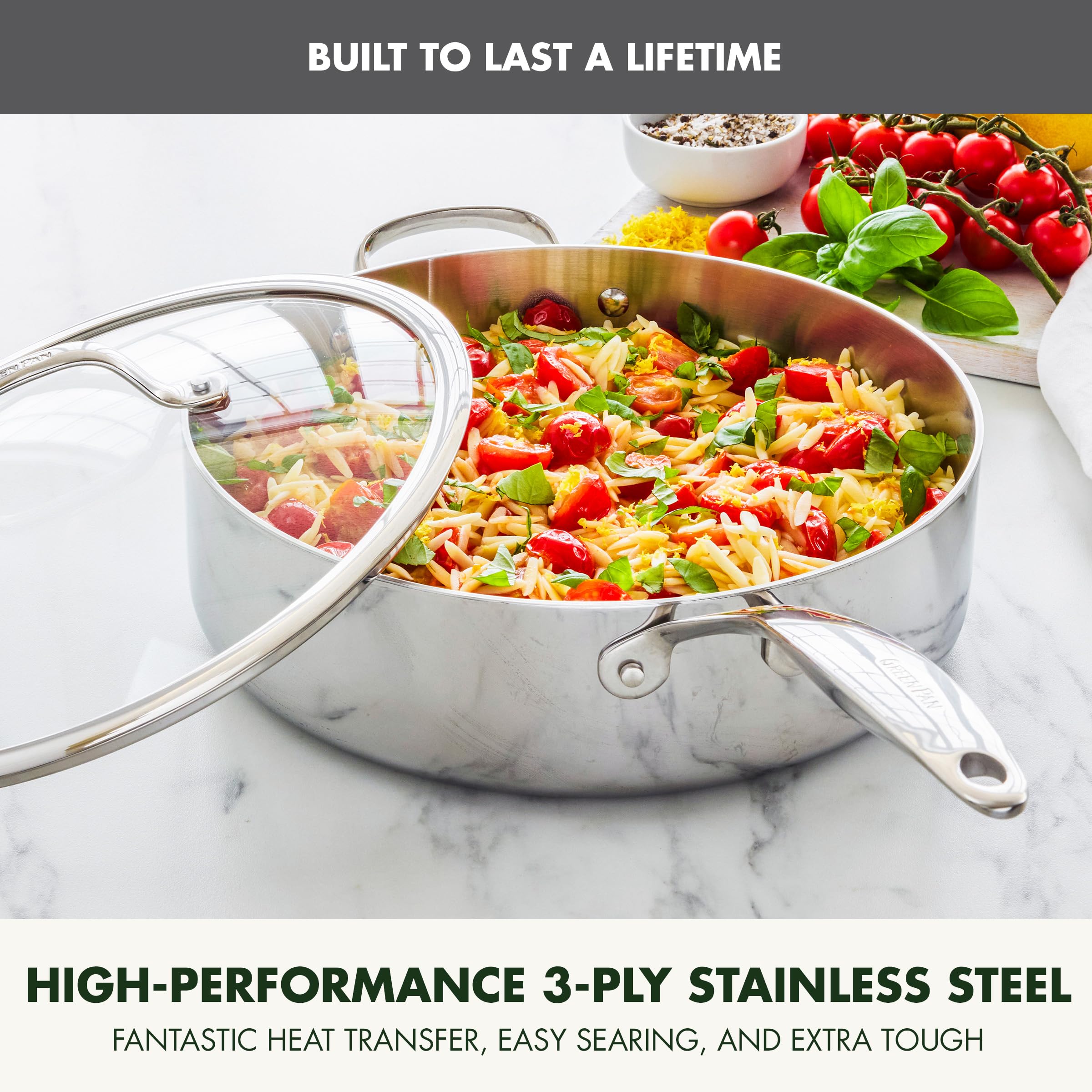 GreenPan Valencia Pro Tri-Ply Stainless Steel 5QT Sauté Pan with Lid