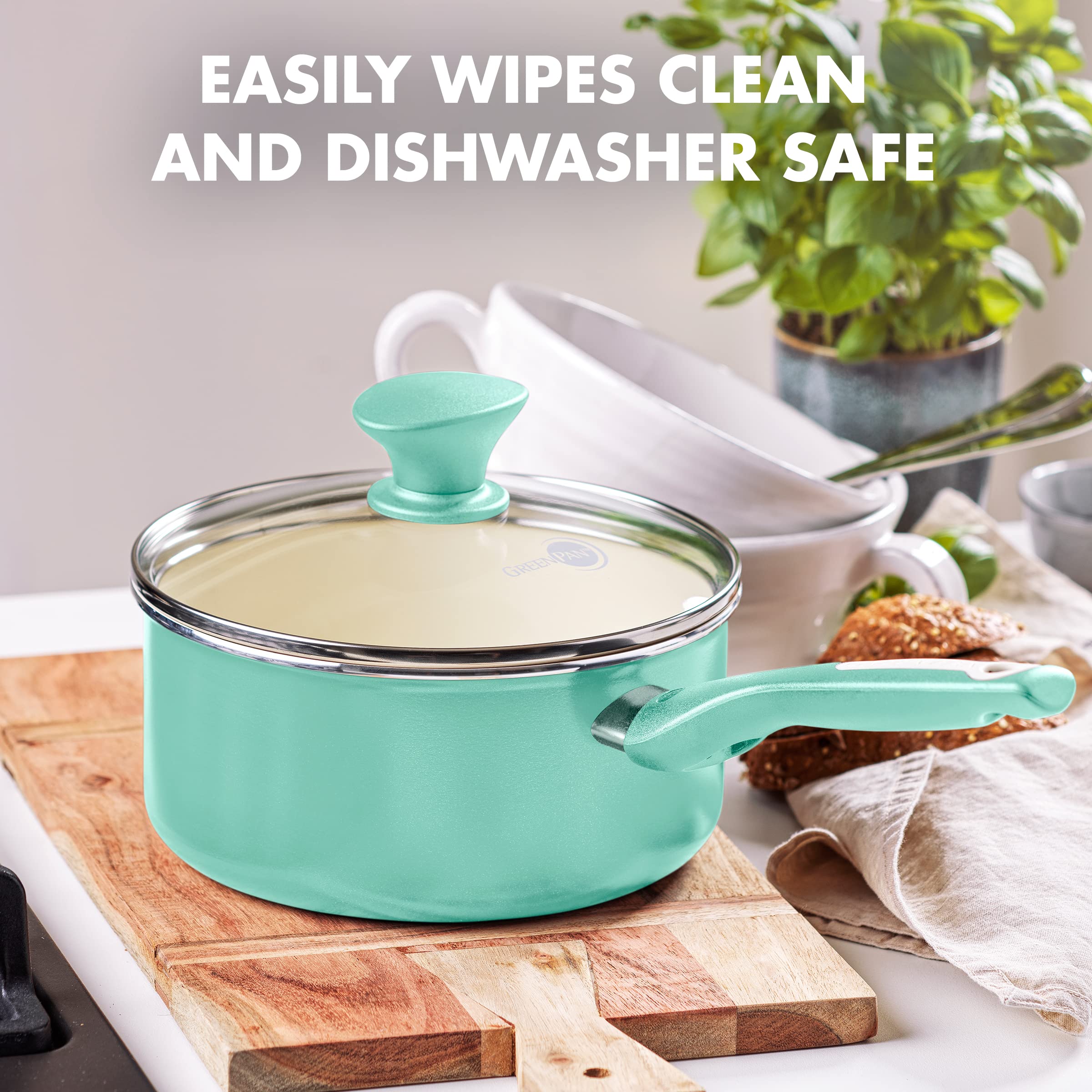 GreenPan Rio 2QT Saucepan with Lid, Ceramic Nonstick, Diamond-Reinforced, Turquoise