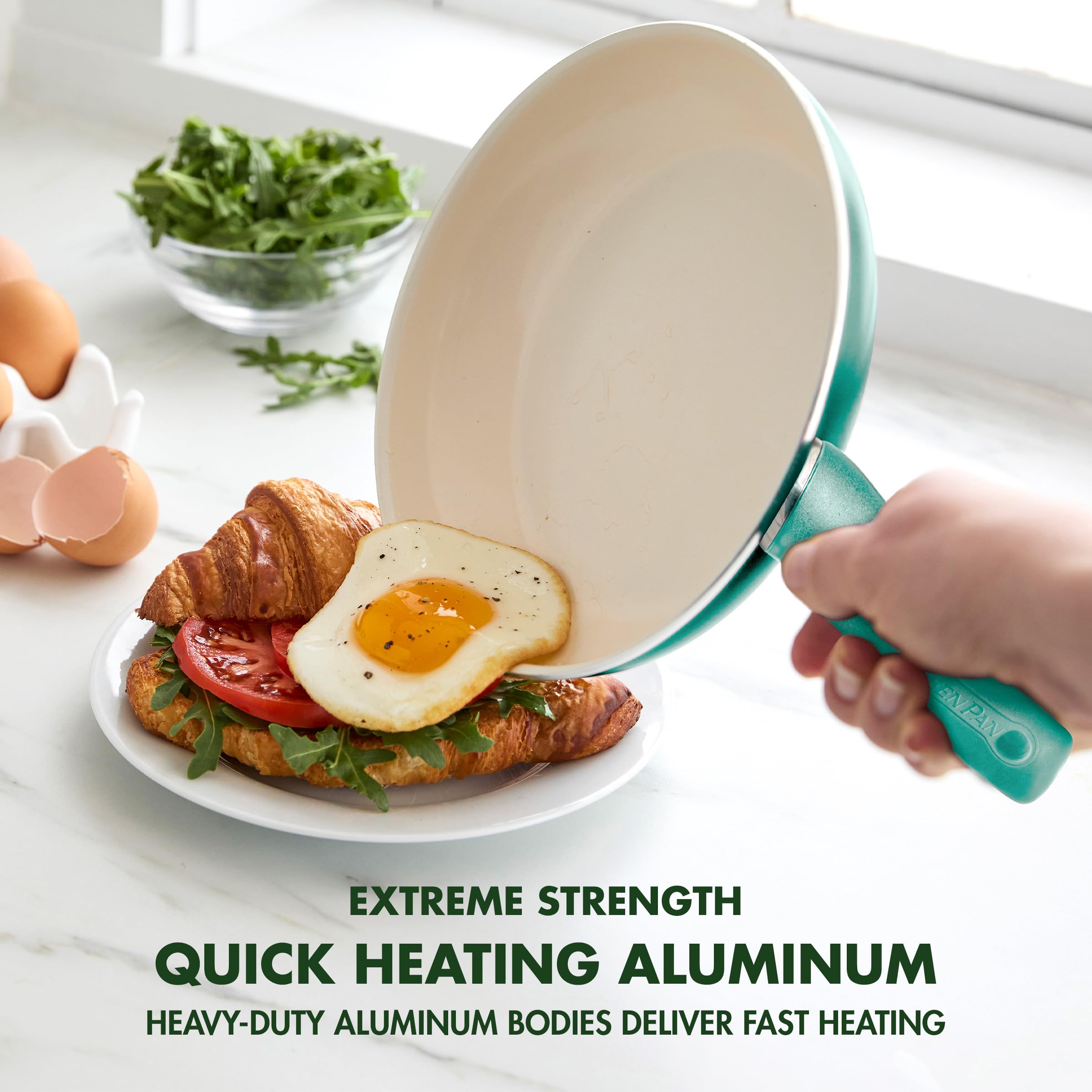 GreenPan Rio Ceramic Nonstick 8" Frying Pan & Silicone Spatula Set – PFAS-Free, Soft Grip Handle, Turquoise