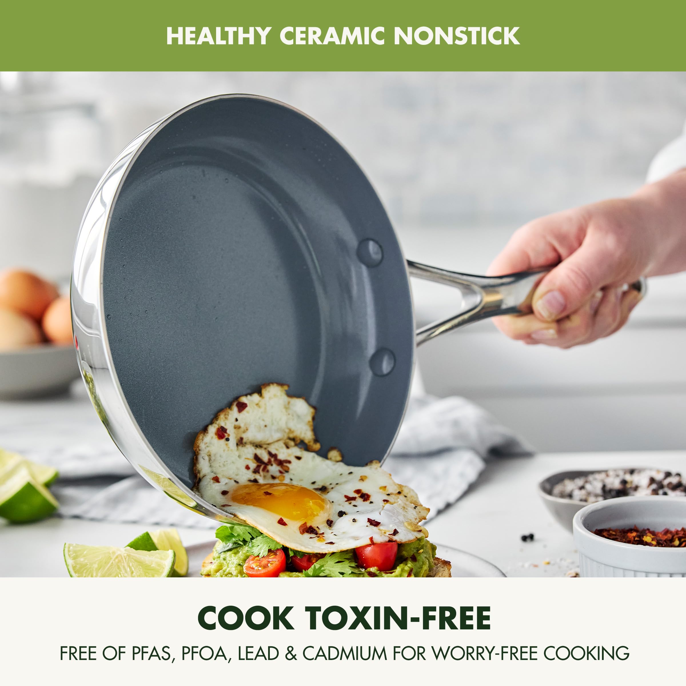 GreenPan Valencia Pro Stainless Steel 12” Frying Pan Skillet with Mirrored Tri-Ply and Infinite8 Ceramic Nonstick