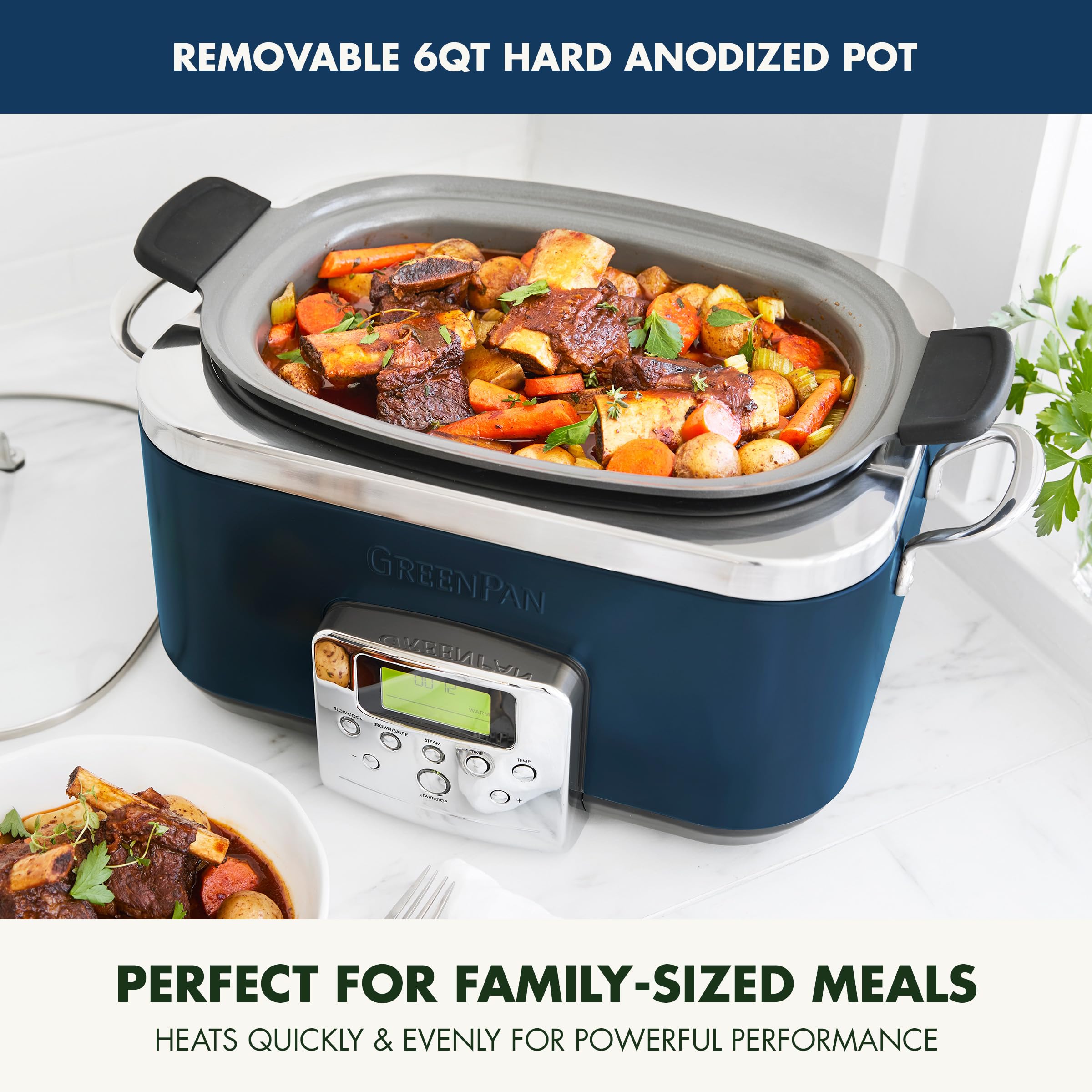 GreenPan Elite 8-in-1 Programmable 6-Quart Electric Slow Cooker, PFAS-Free Ceramic Nonstick, Oxford Blue