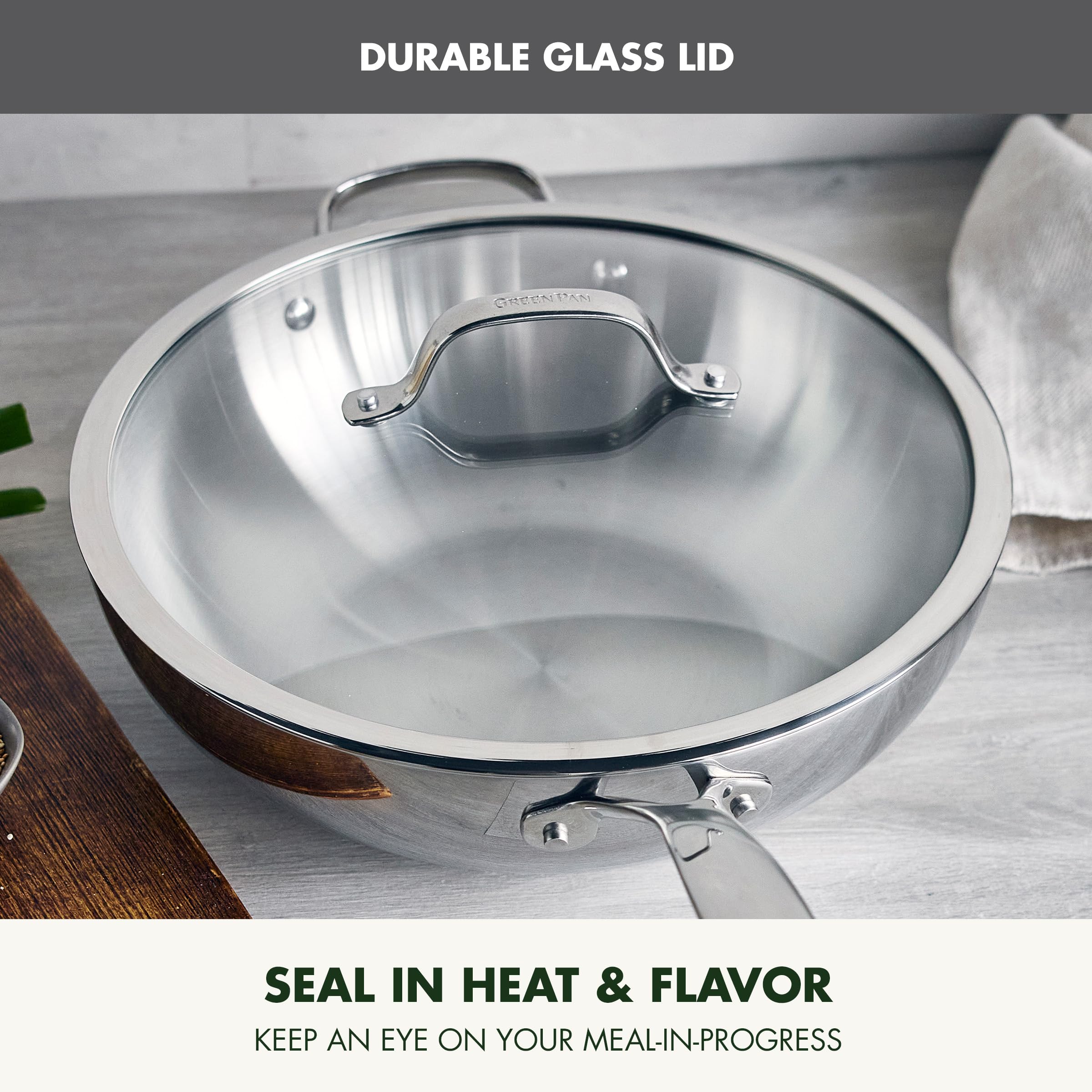 GreenPan Valencia Pro Tri-Ply Stainless Steel 12" Wok with Lid – Induction Ready, Mirror Finish, Oven Safe to 600°F