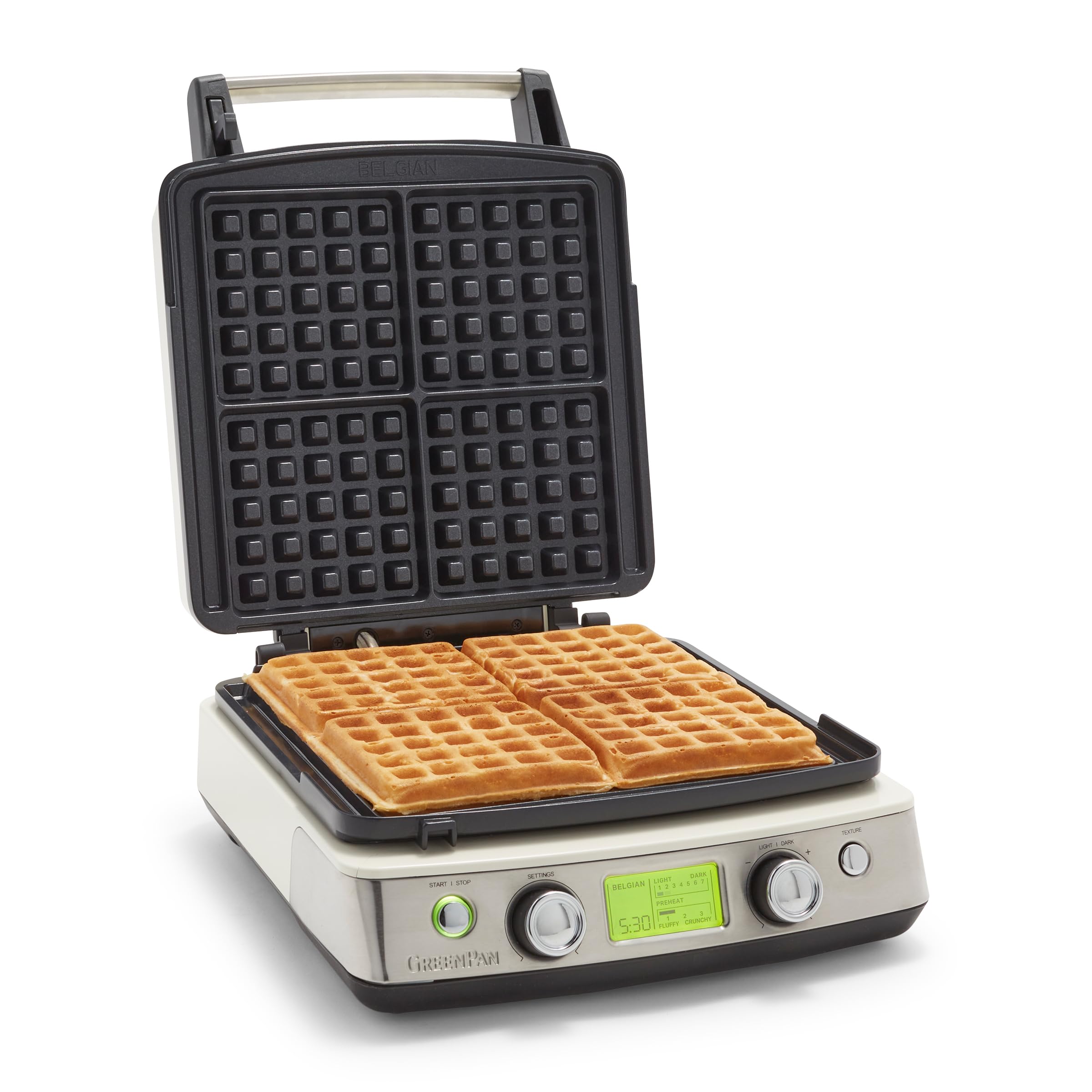 GreenPan Elite 4-Square Waffle Maker – Belgian & Classic, Adjustable Crunch Control, White