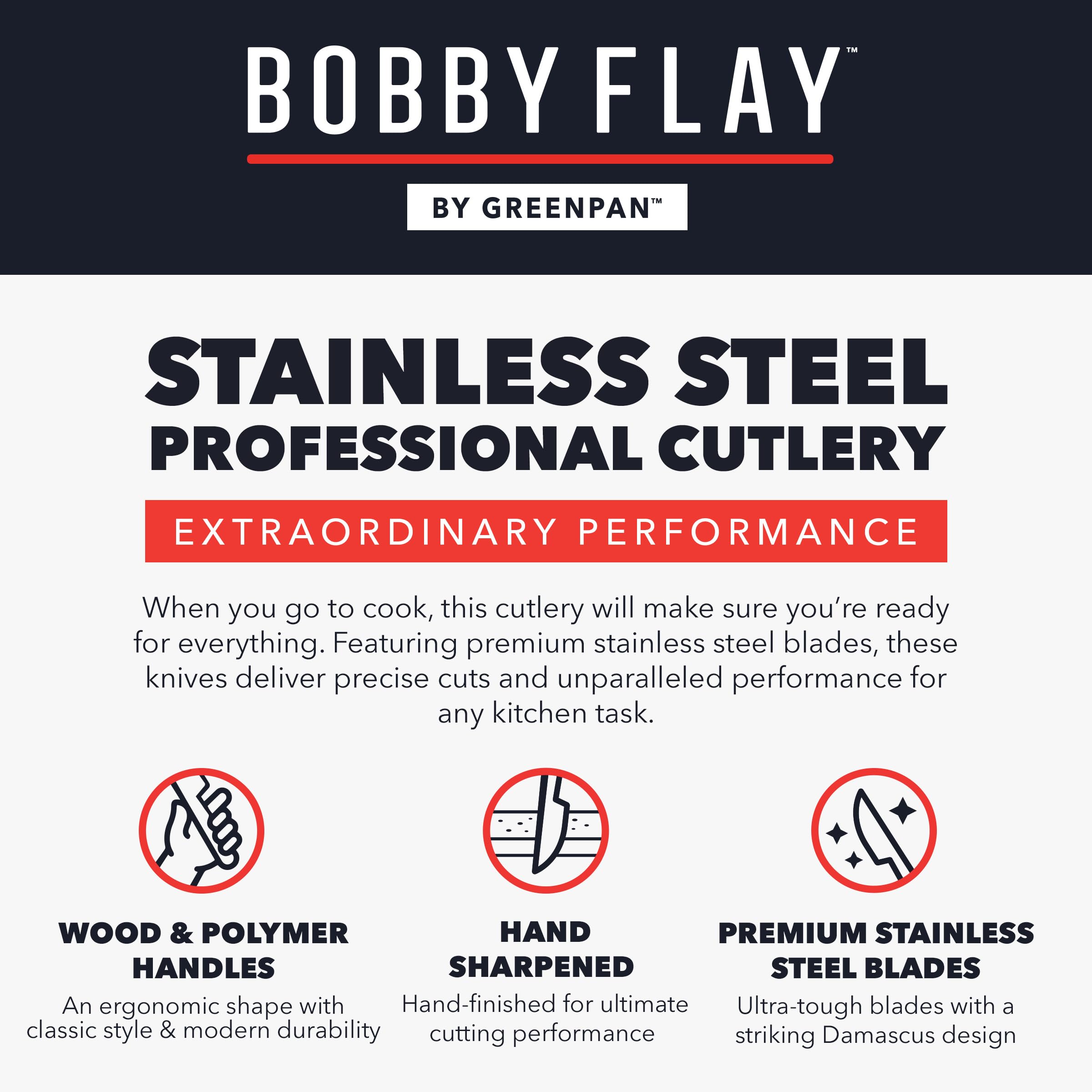 GreenPan x Bobby Flay 13-Piece Stainless Steel Knife Block Set with Acacia Wood Block