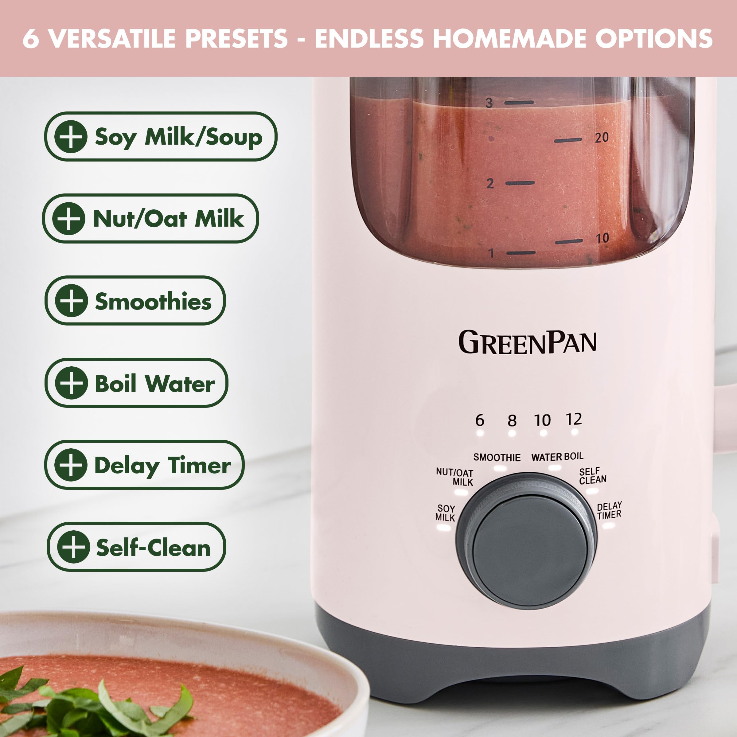 GreenPan Better Blend Milk Maker – 30oz Nut Milk Machine, 15-in-1, BPA-Free Glass, Self-Clean, Delay Timer, Pink