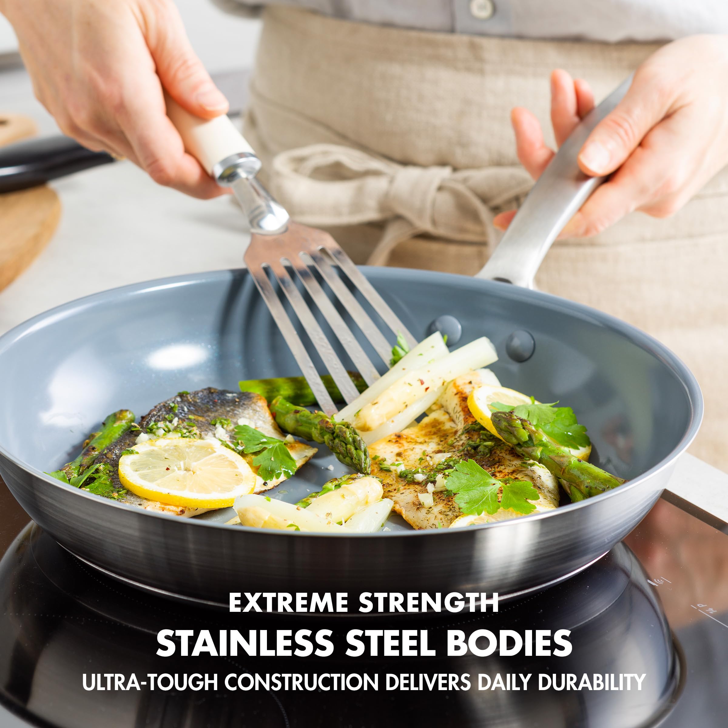 GreenPan Treviso 9.5" and 11" Frying Pan Skillet Set, PFAS-Free Stainless Steel Ceramic Nonstick, Induction Ready, Oven Safe to 600°F