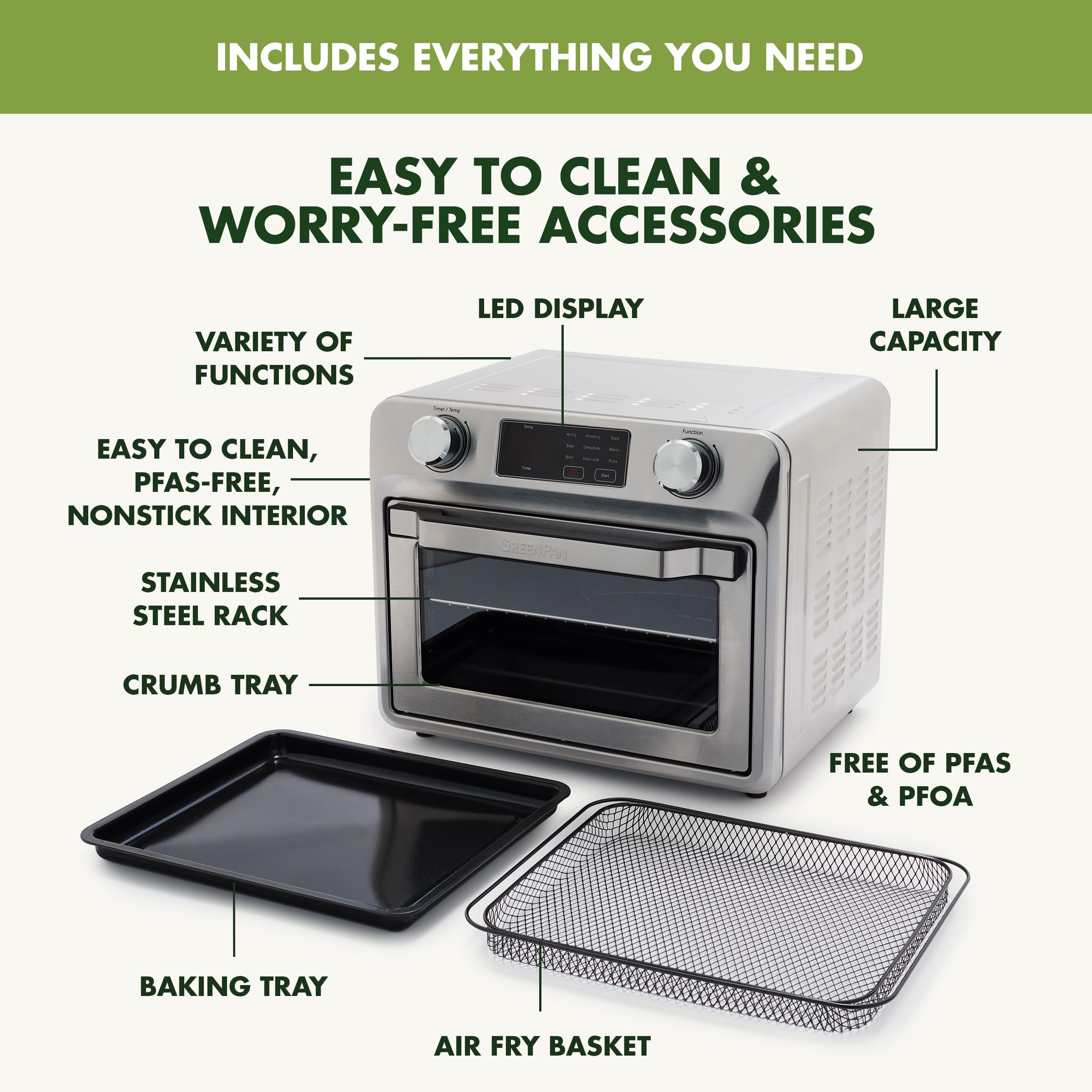 GreenPan Bistro Noir 9-in-1 Air Fry Oven with Stainless Steel Rack, Baking Pan, and Basket