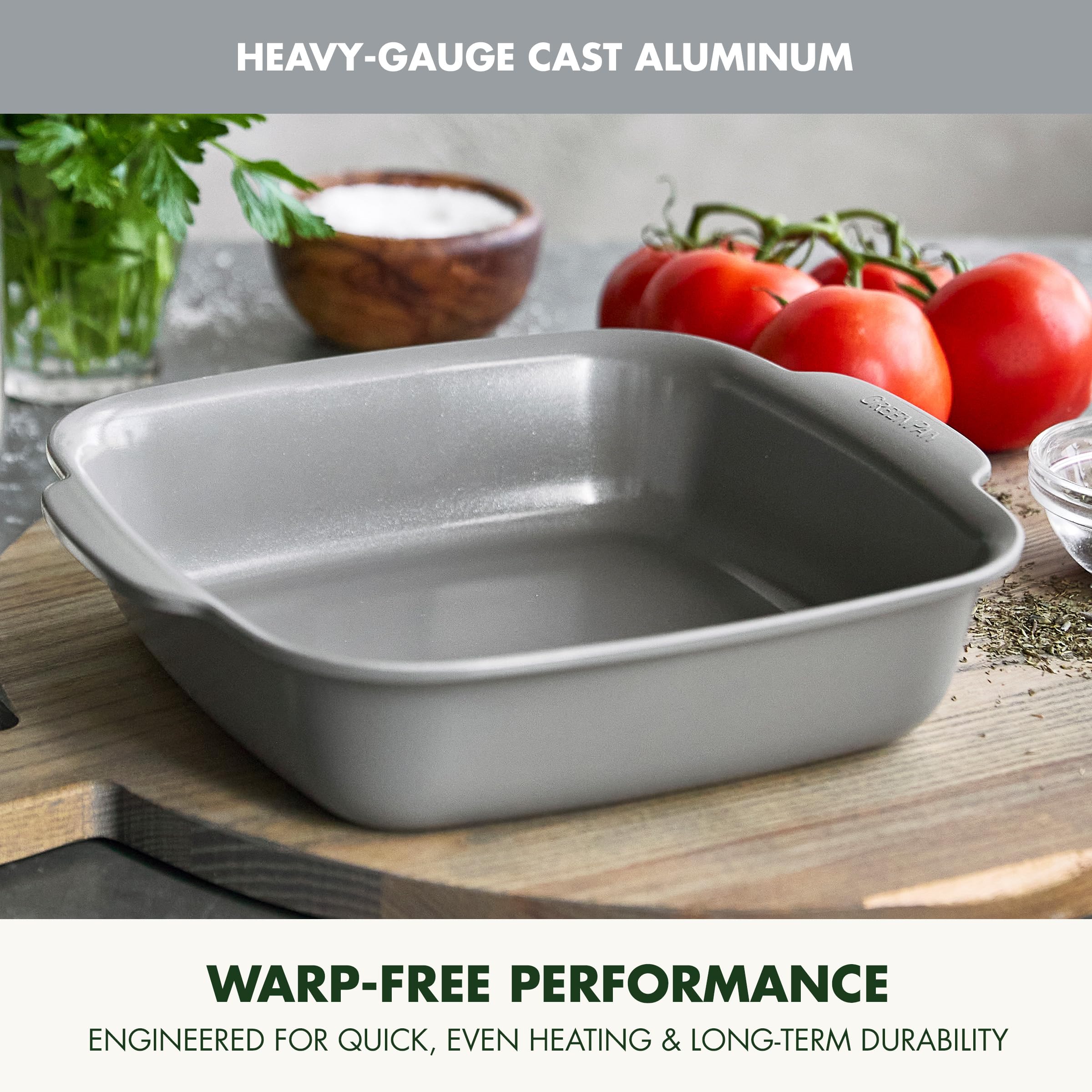 GreenPan Premiere Ovenware 8" Square Cake Baking Pan – Ceramic Nonstick Cast Aluminum, Gray