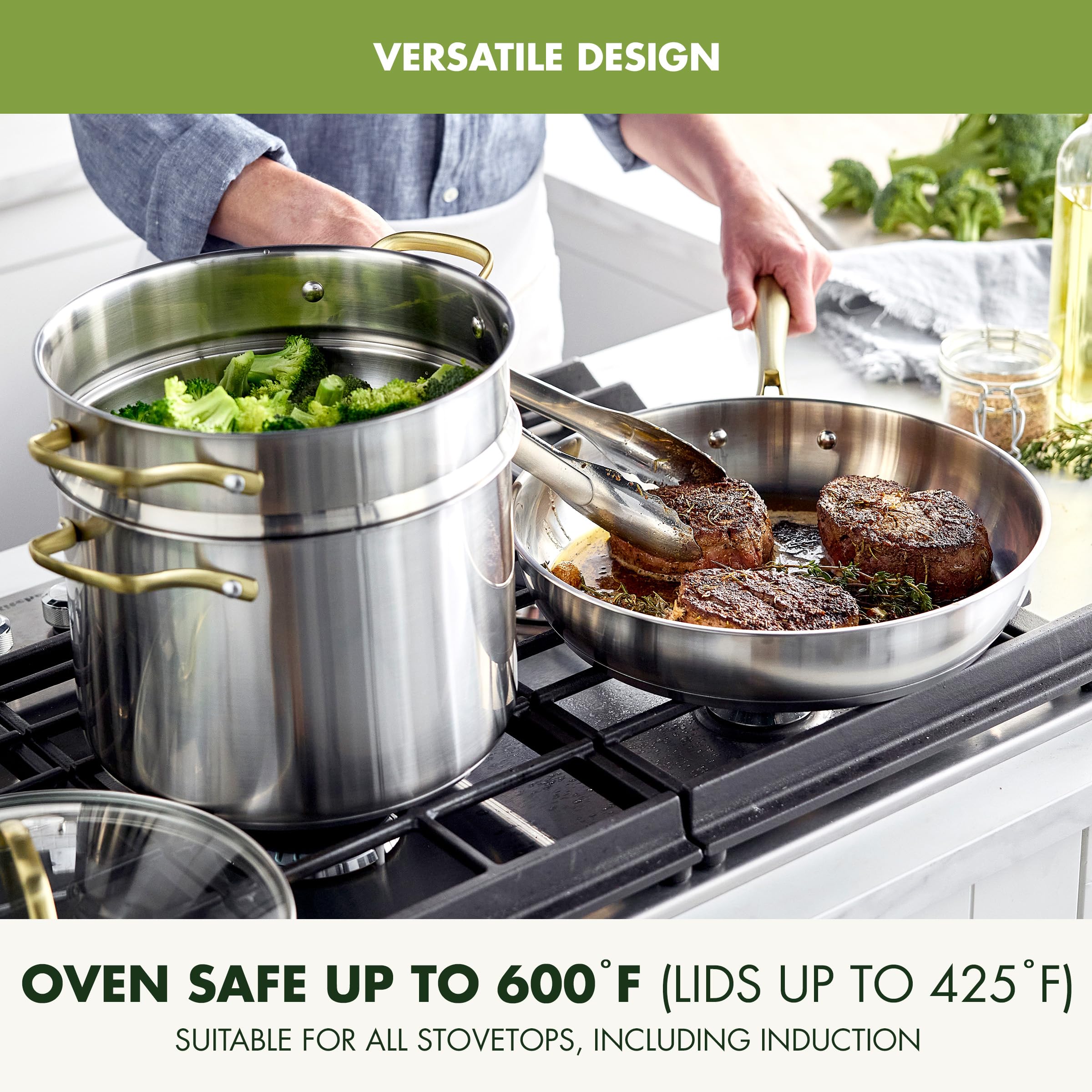 GreenPan Stainless Steel 11-Piece Cookware Set with Induction Base - Gold Accents