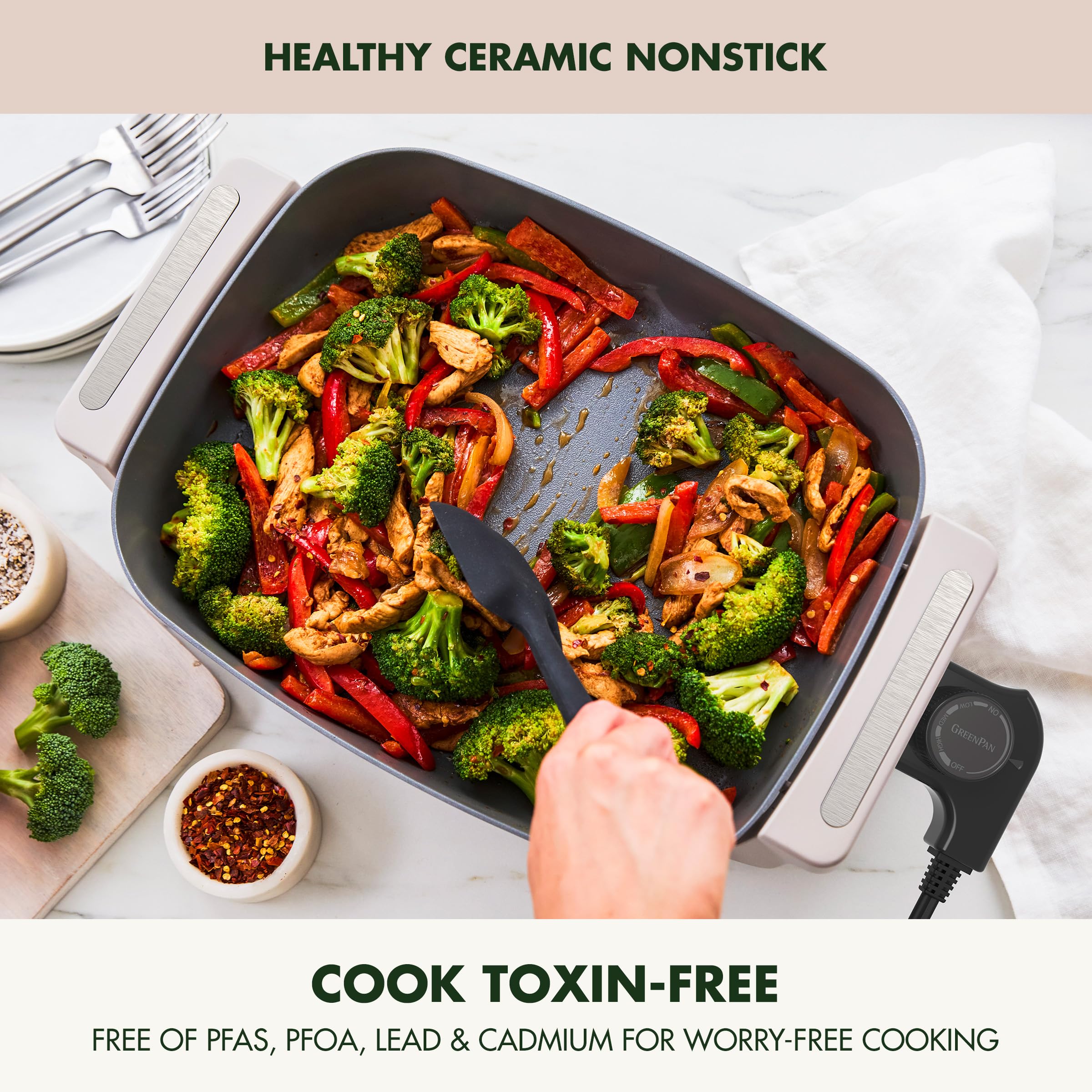 GreenPan Advanced 12 in x 15 in Electric Skillet with Lid – 7QT – Clay
