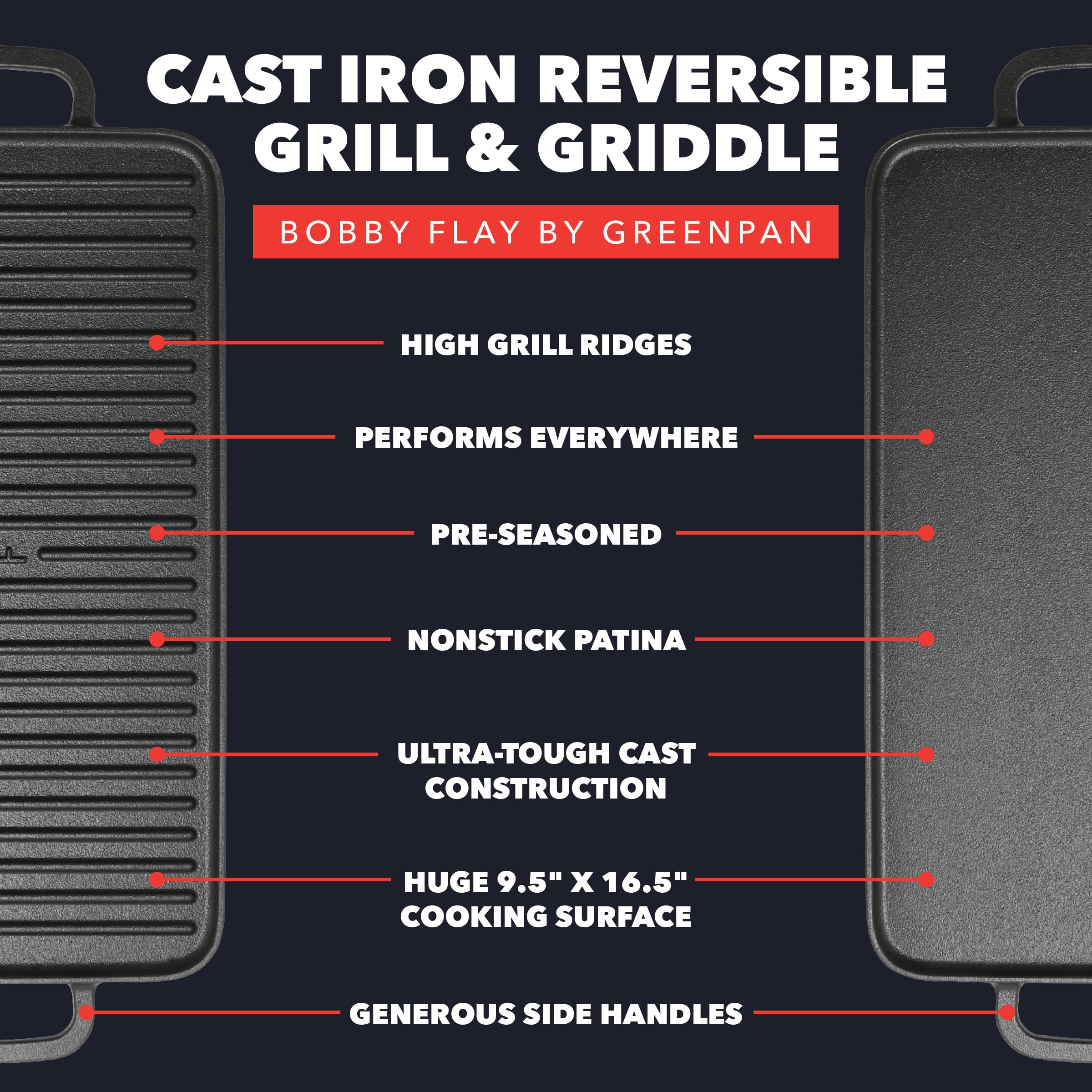 GreenPan x Bobby Flay Cast Iron Pre-Seasoned Reversible Double Burner Griddle (16.5 x 9.5 inches)