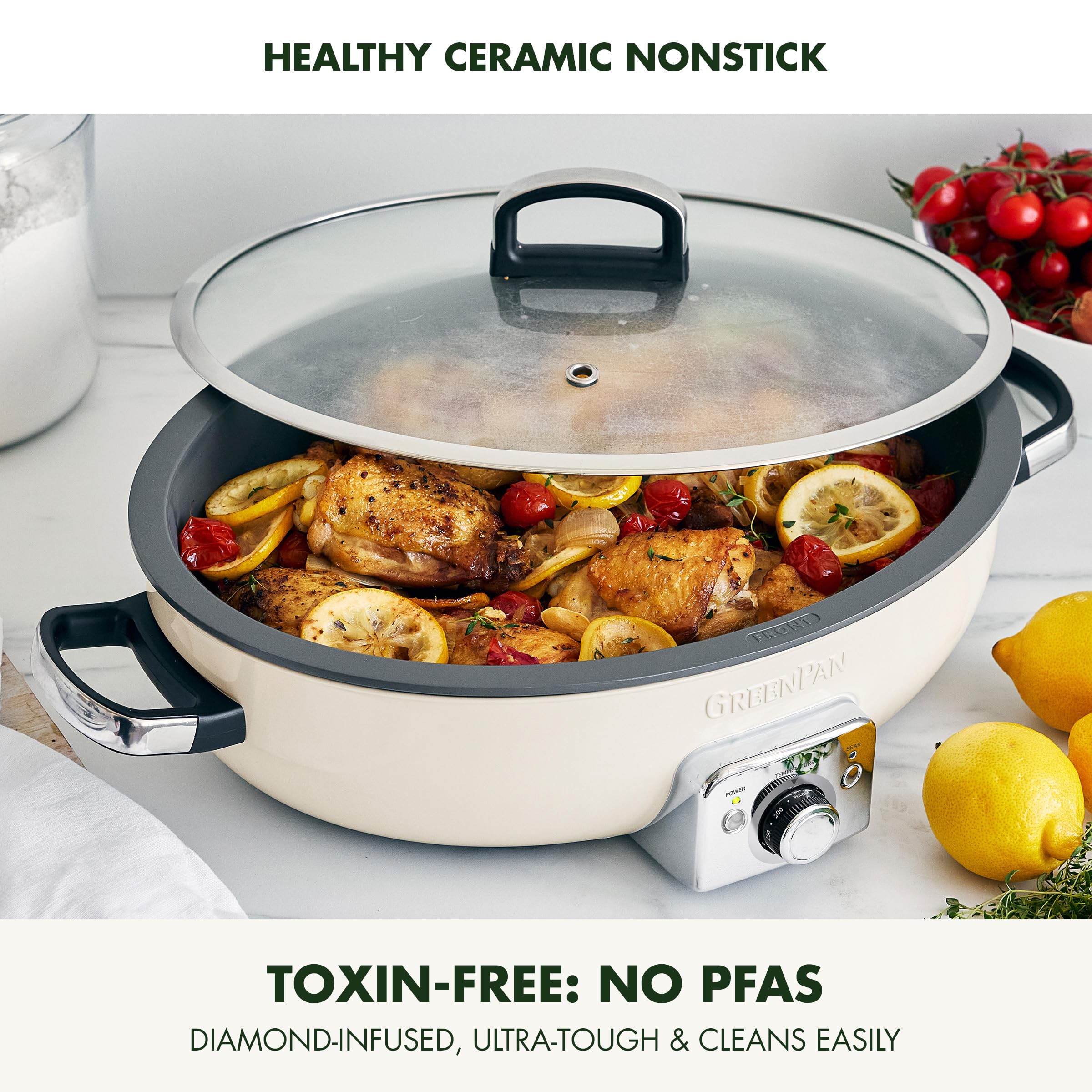 GreenPan Elite 5.5QT Electric Oval Skillet – PFAS-Free Ceramic Nonstick, 1800W Multi-Cooker in Cream White