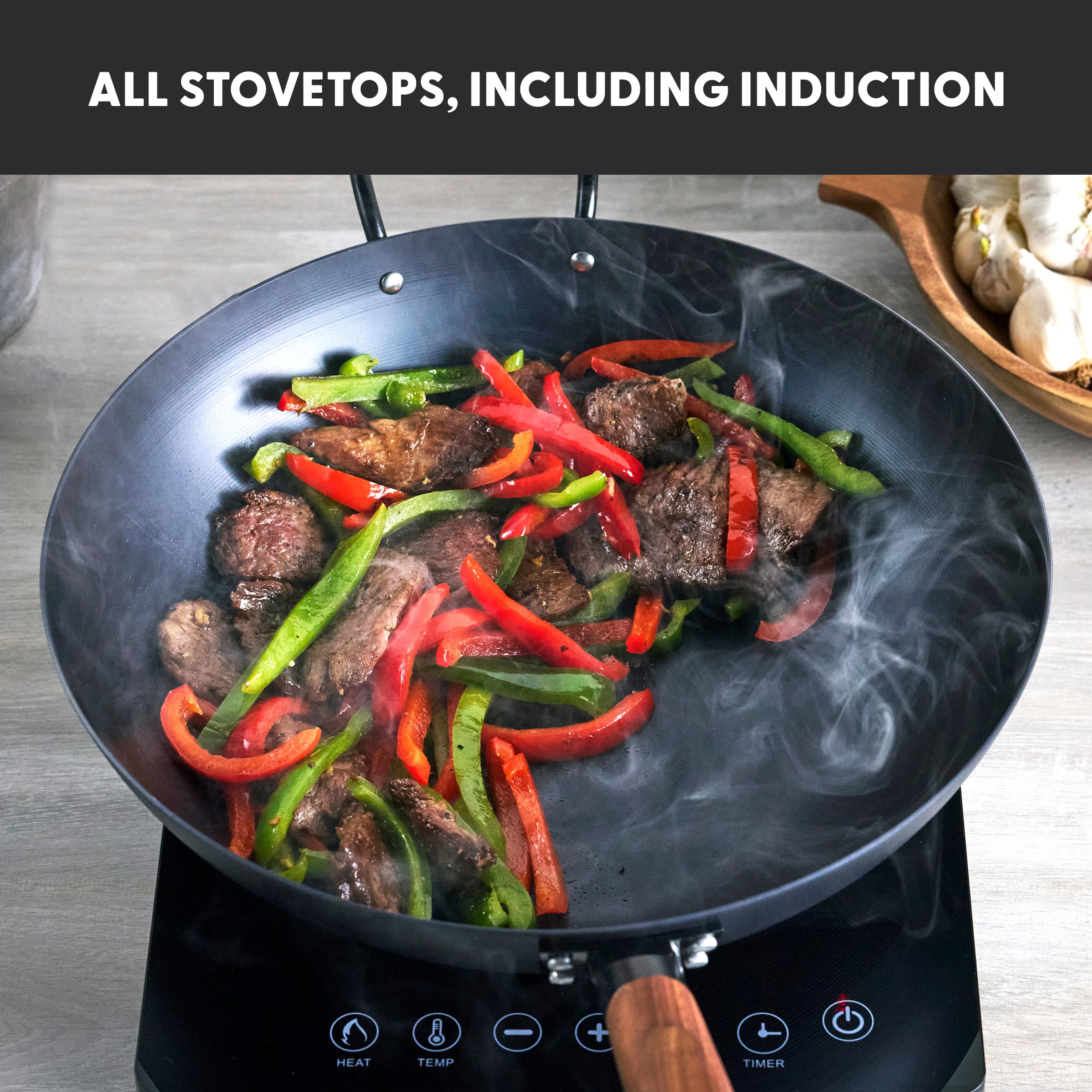 GreenPan Kyoto Carbon Steel Wok 14 in – Flat Bottom – Black
