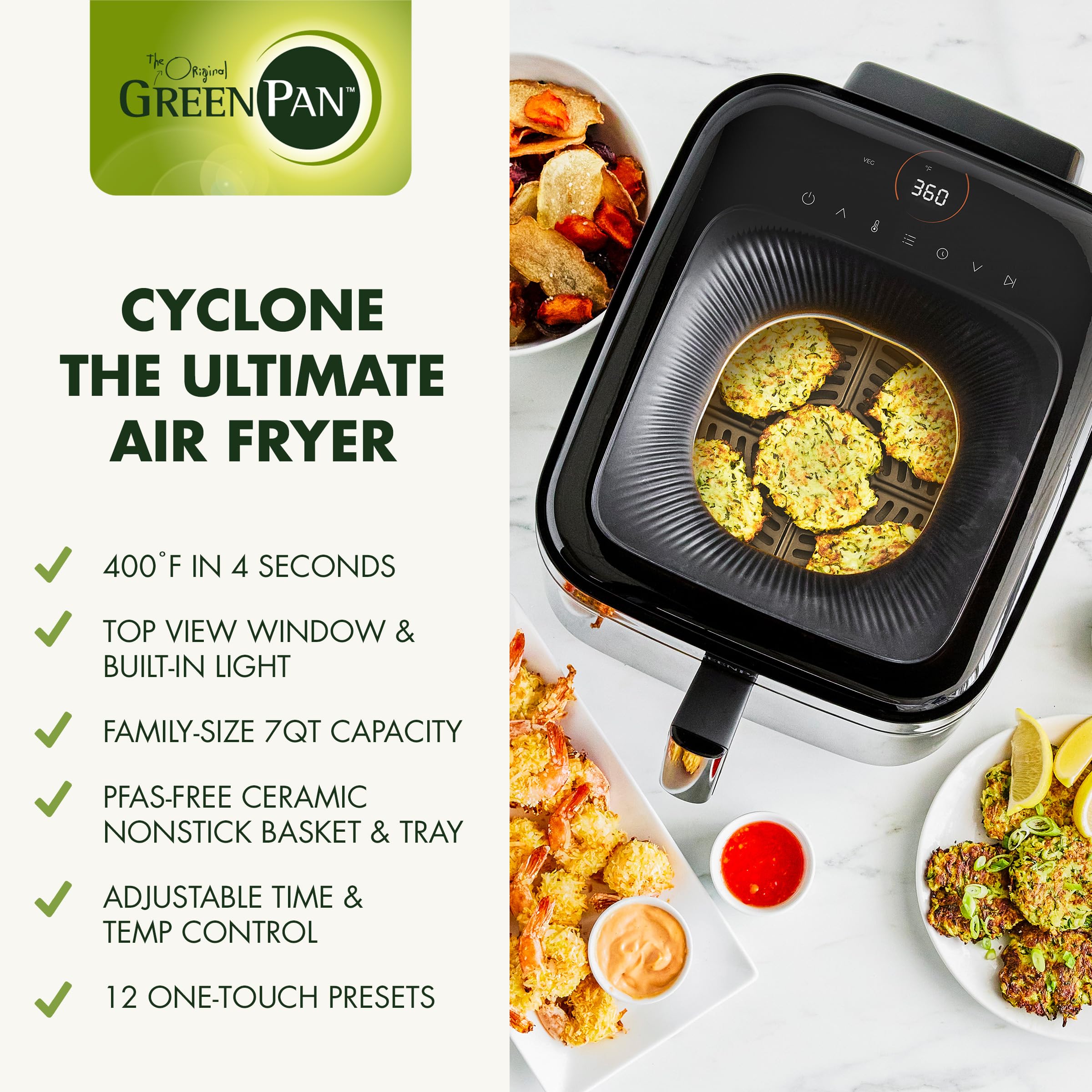 GreenPan Cyclone 7 QT 12-in-1 Air Fryer with XL Window, Halogen Heating, Digital Touch Screen