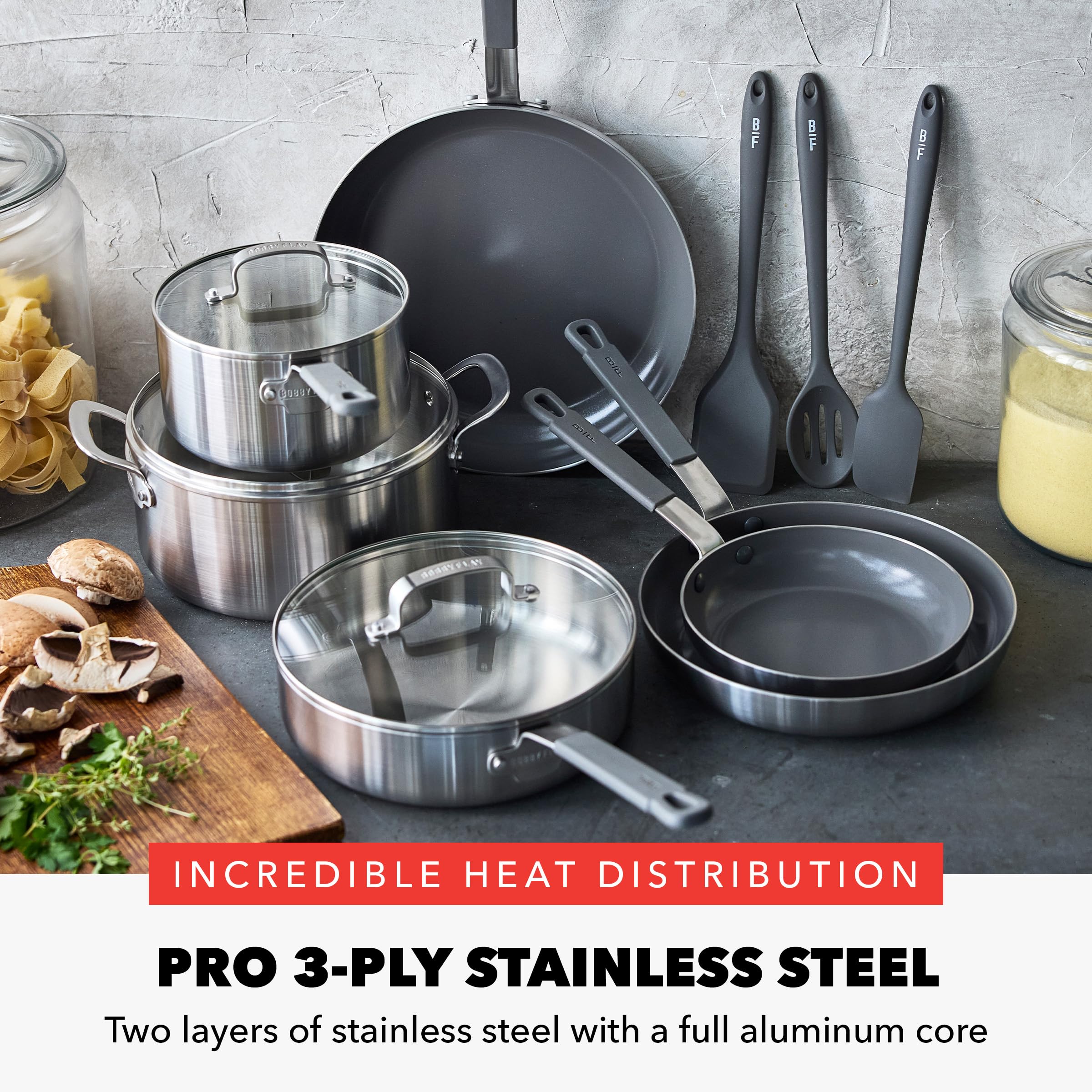 GreenPan x Bobby Flay Stainless Steel 12-Piece Tri-Ply Cookware Set with PFAS-Free Nonstick Frypans