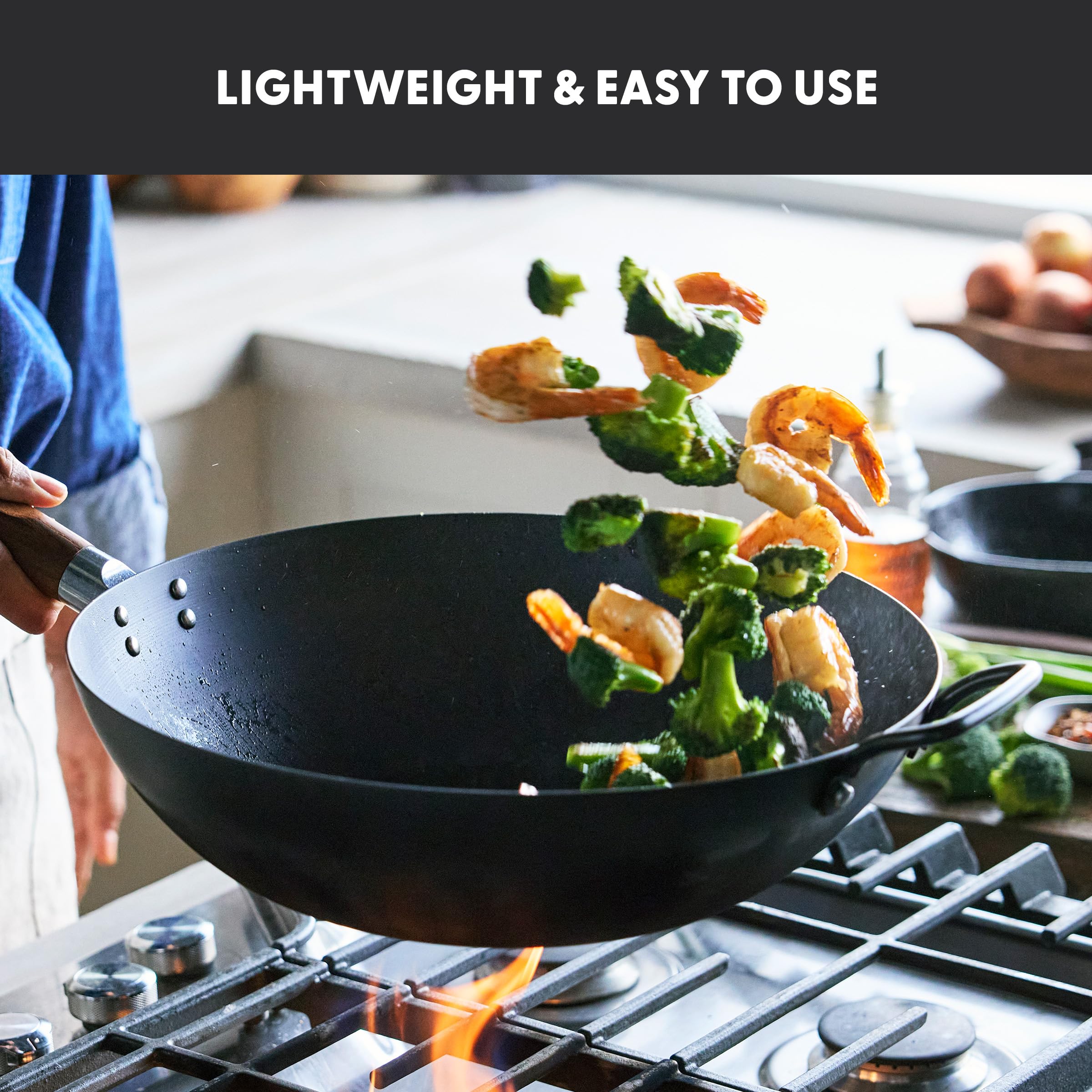 GreenPan Kyoto Carbon Steel Wok 14 in – Flat Bottom – Black