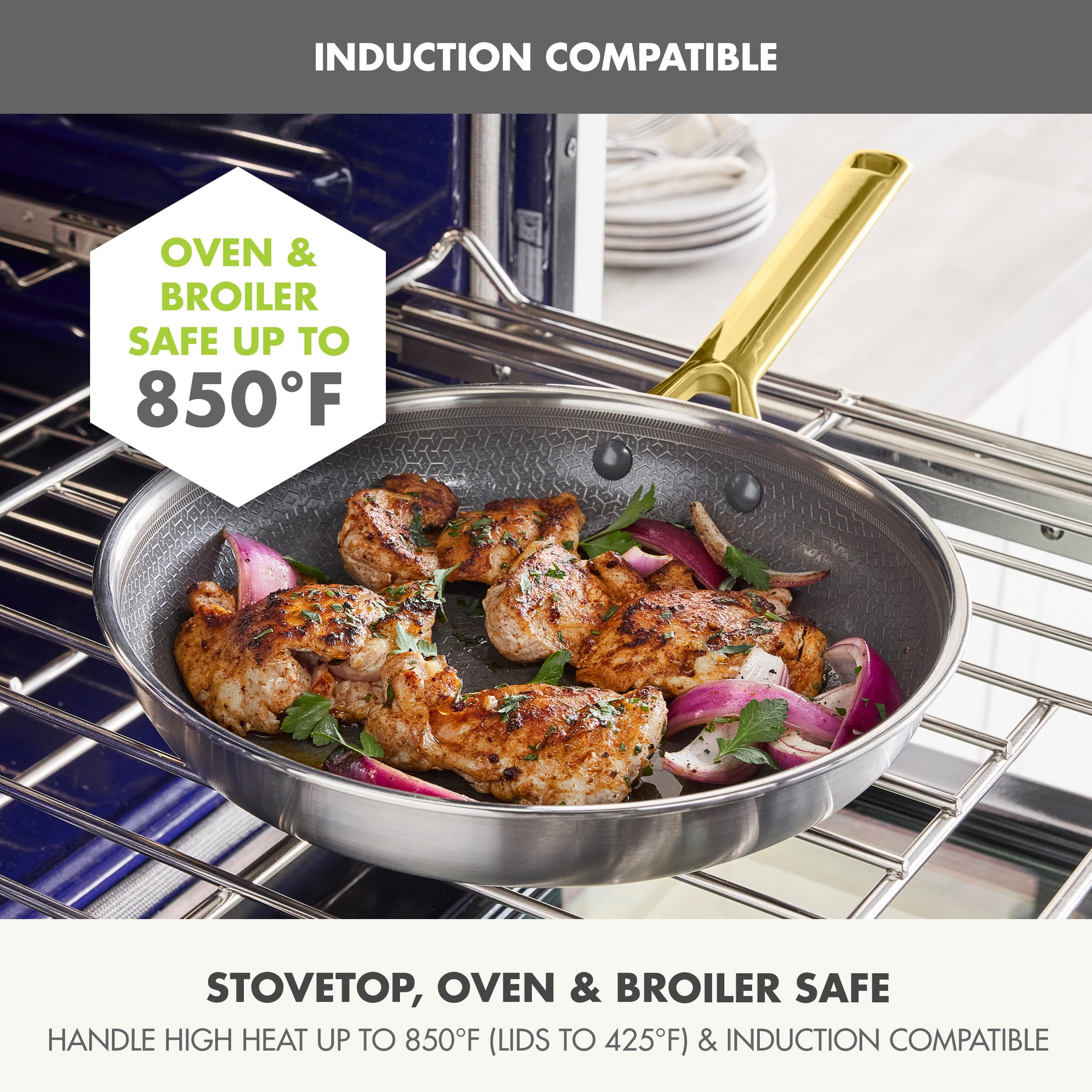 GreenPan APEX Hybrid 13-Piece Stainless Steel Nonstick Cookware Set — Tri-Ply Thermobond, PFAS-Free Ceramic, Induction Compatible, Oven Safe to 850°F, Gold