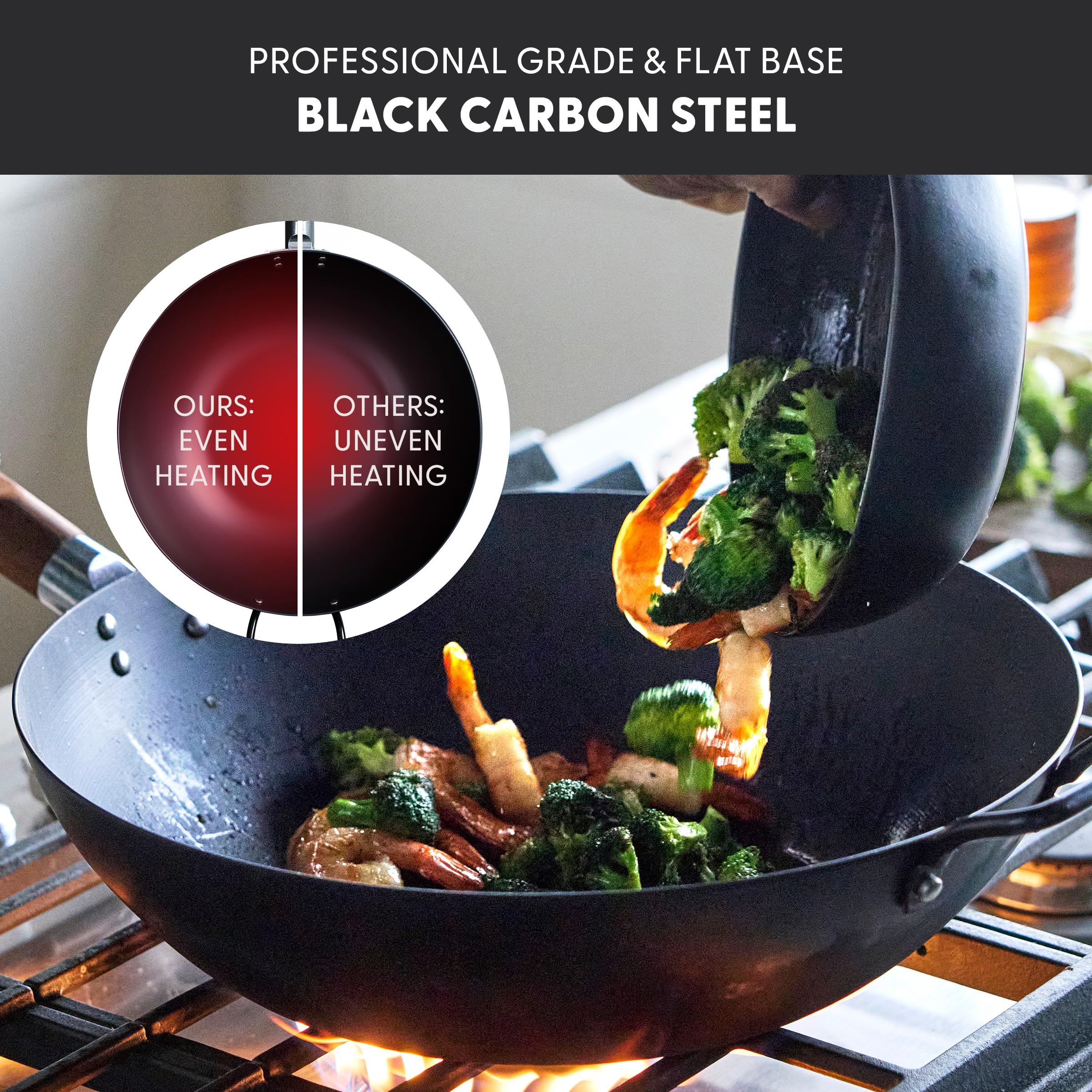 GreenPan Kyoto Carbon Steel Wok 14 in – Flat Bottom – Black