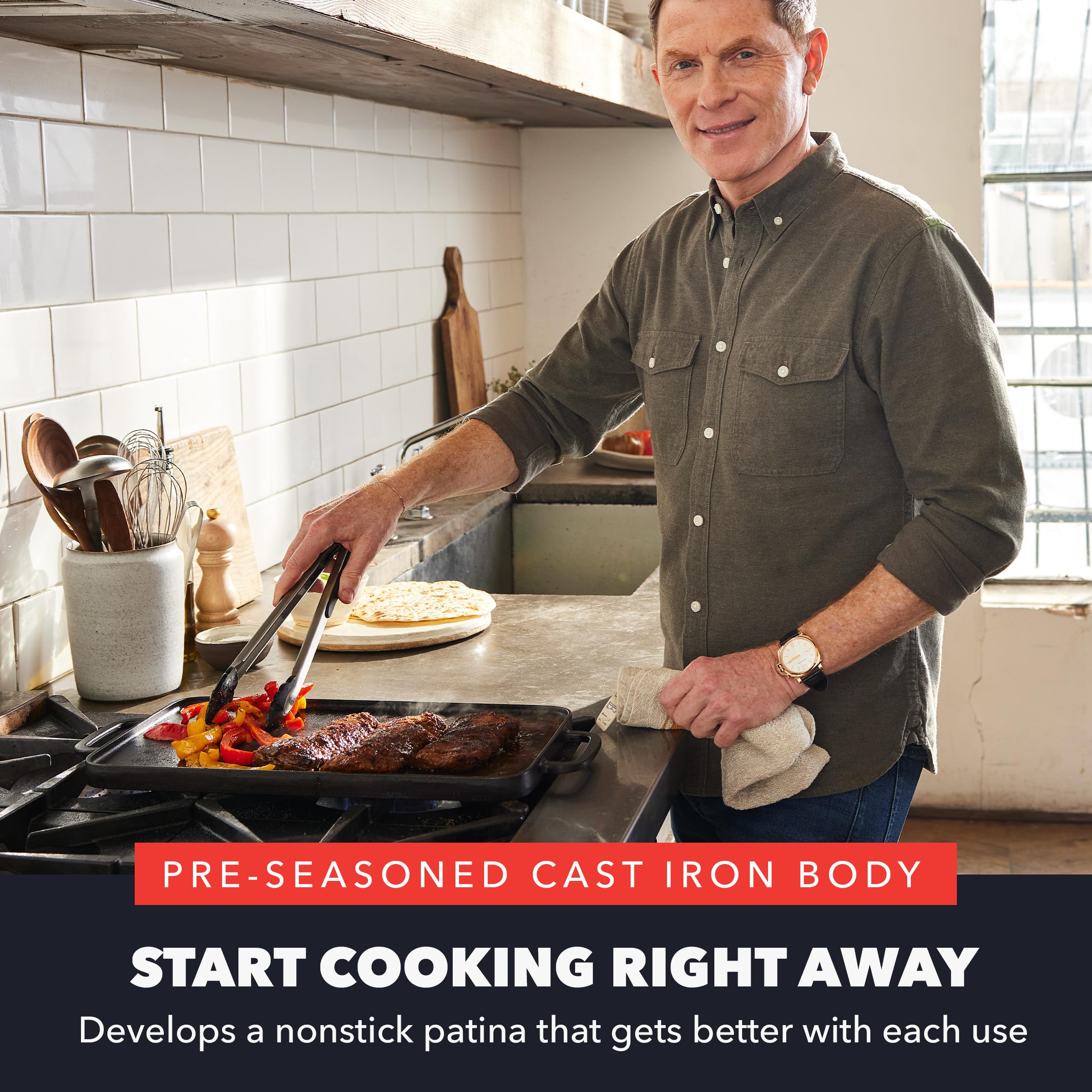 GreenPan x Bobby Flay Cast Iron Pre-Seasoned Reversible Double Burner Griddle (16.5 x 9.5 inches)