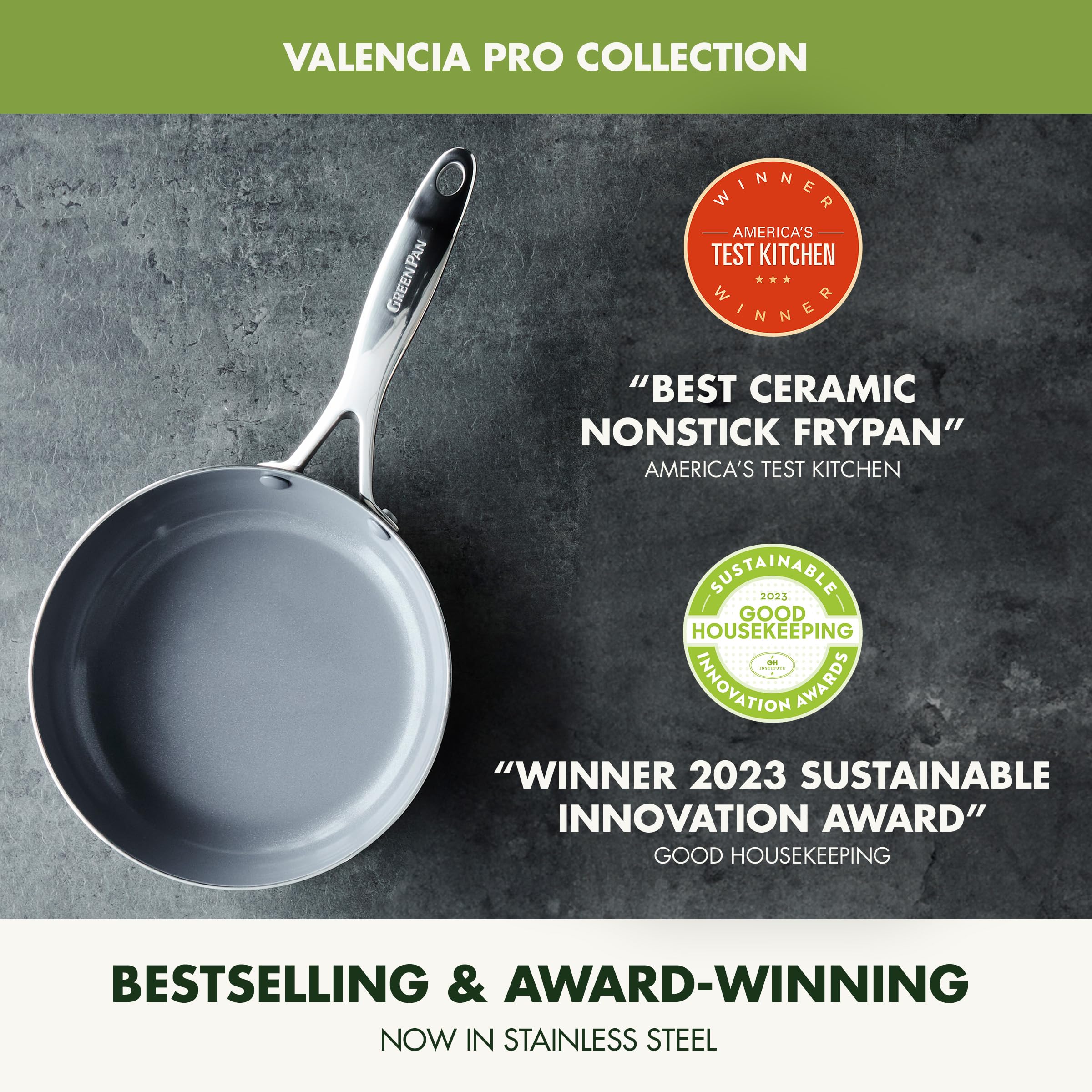 GreenPan Valencia Pro Stainless Steel 12” Frying Pan Skillet with Mirrored Tri-Ply and Infinite8 Ceramic Nonstick