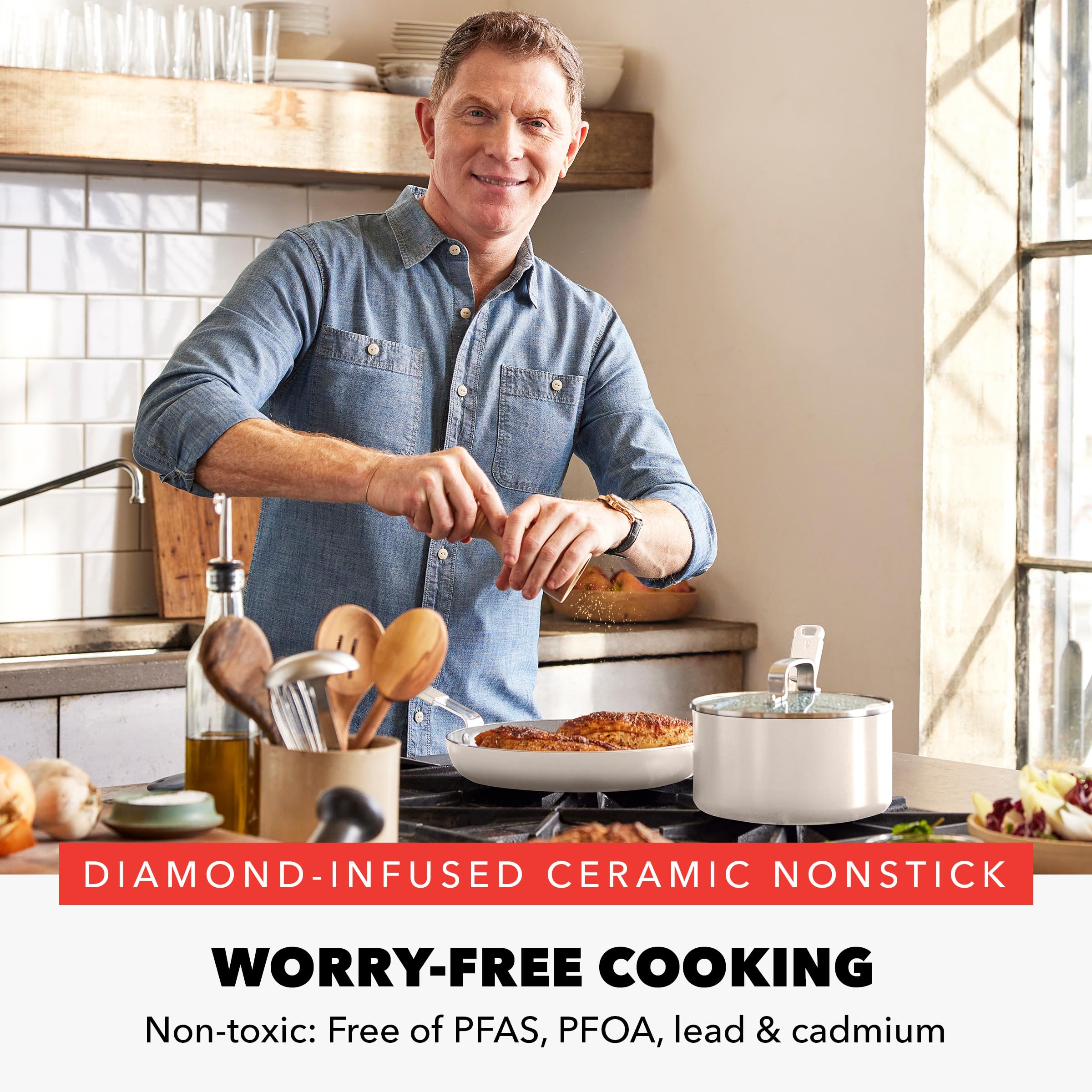 GreenPan x Bobby Flay 4.5QT Nonstick Sauté Pan with Glass Lid, PFAS-Free Diamond Ceramic — Cream