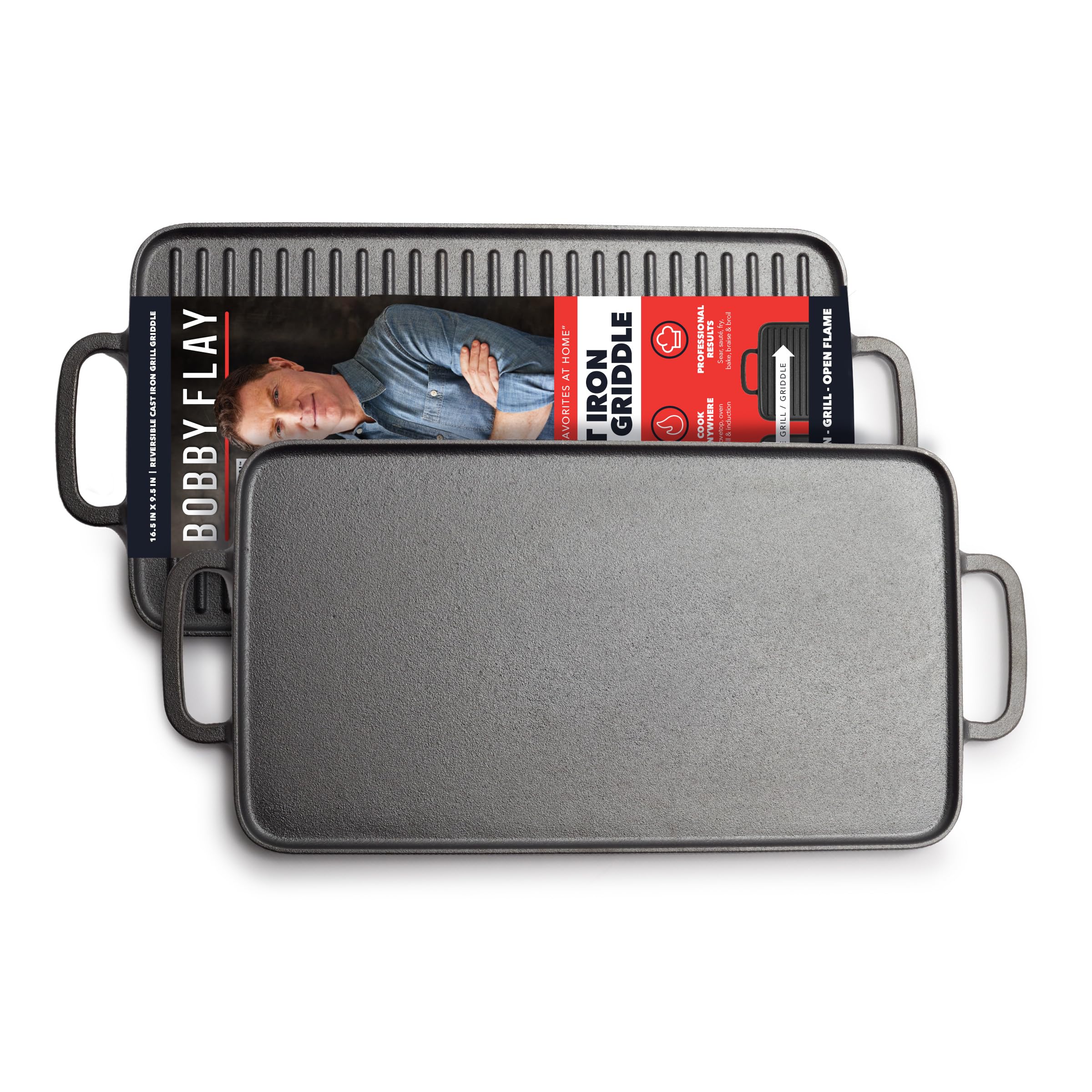 GreenPan x Bobby Flay Cast Iron Pre-Seasoned Reversible Double Burner Griddle (16.5 x 9.5 inches)