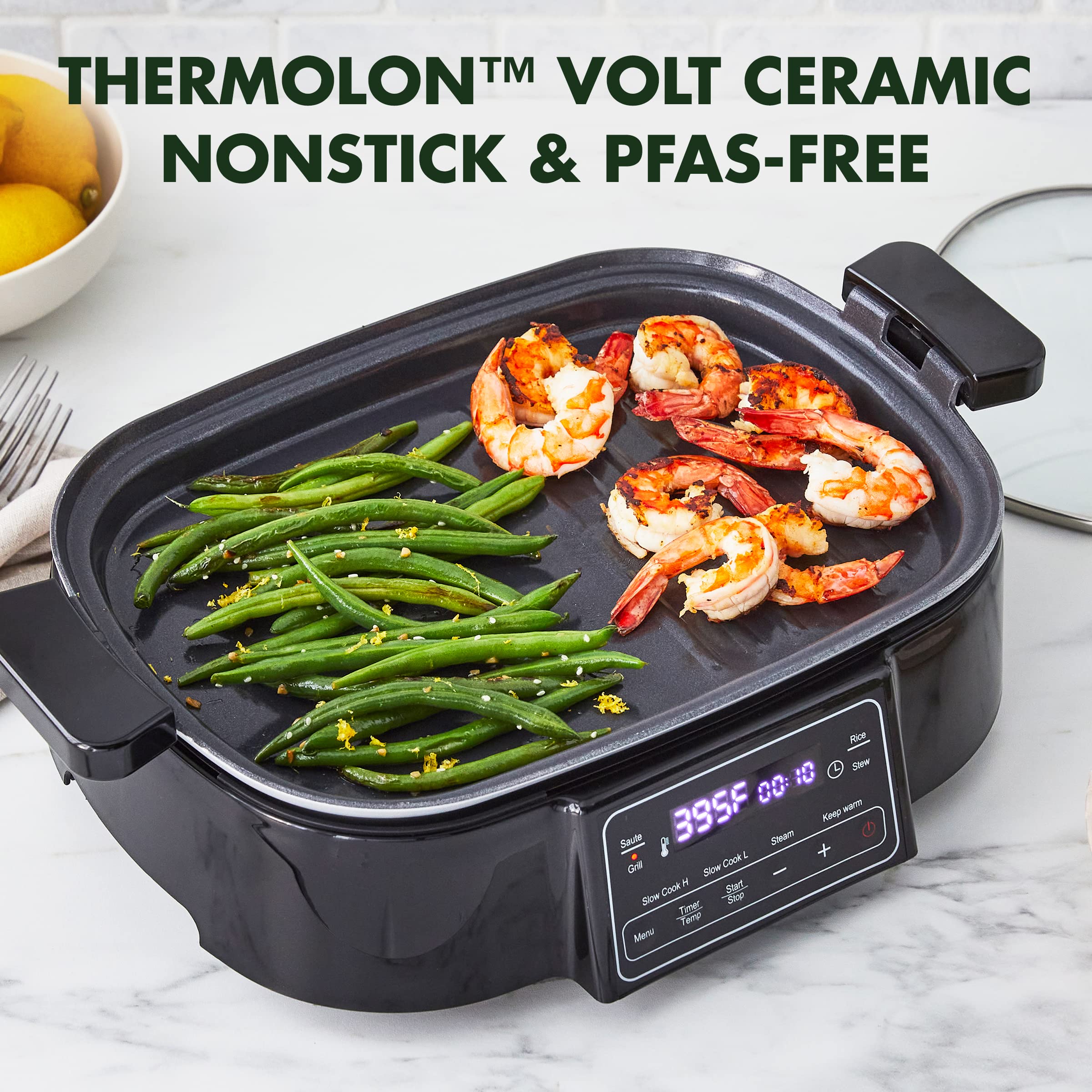 GreenPan Stainless Steel 8-in-1 Electric Skillet Grill & Slow Cooker – Ceramic Nonstick, 6.5QT